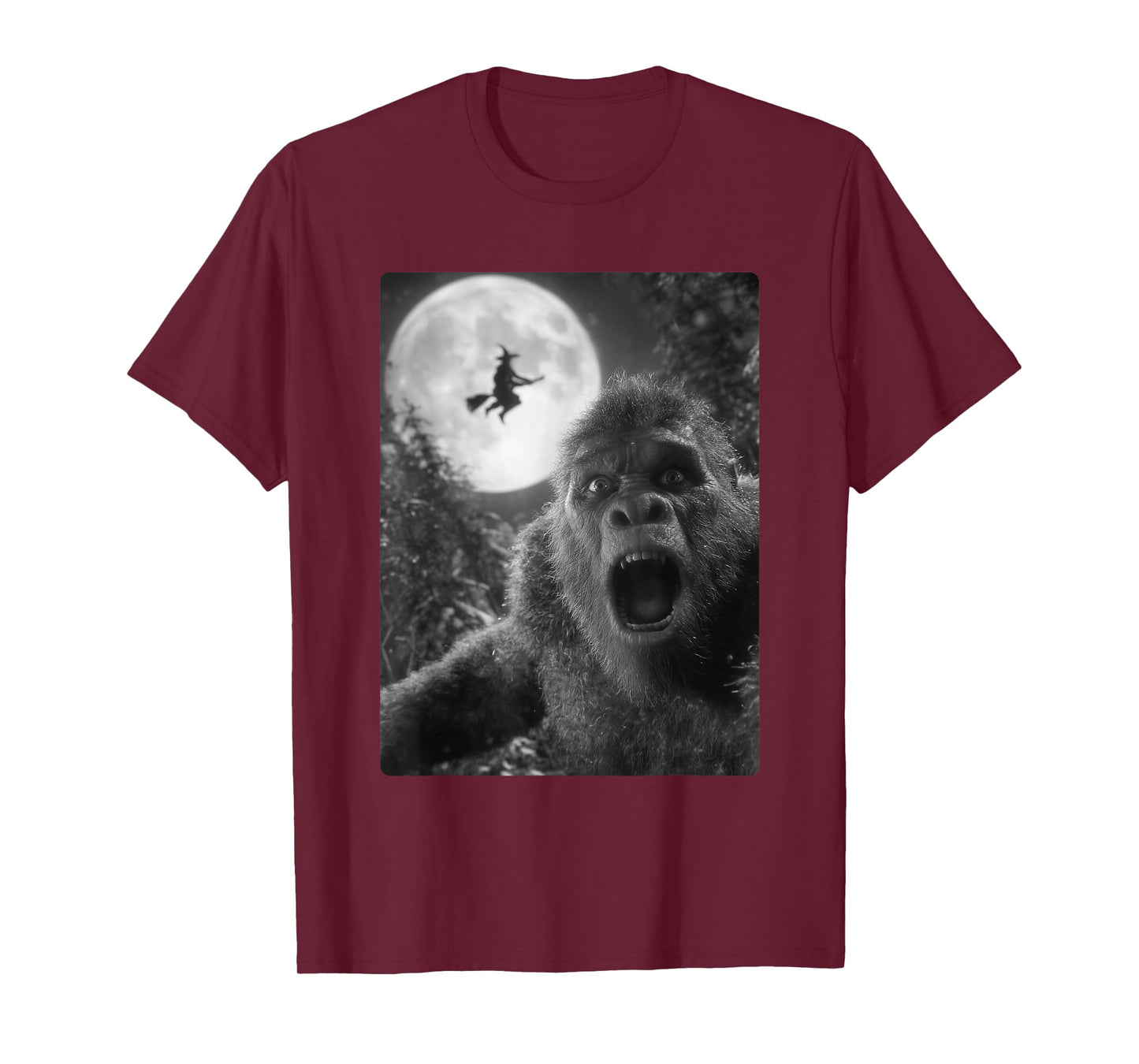 Funny Bigfoot Selfie Full Moon Flying Witch Forest Halloween T-Shirt