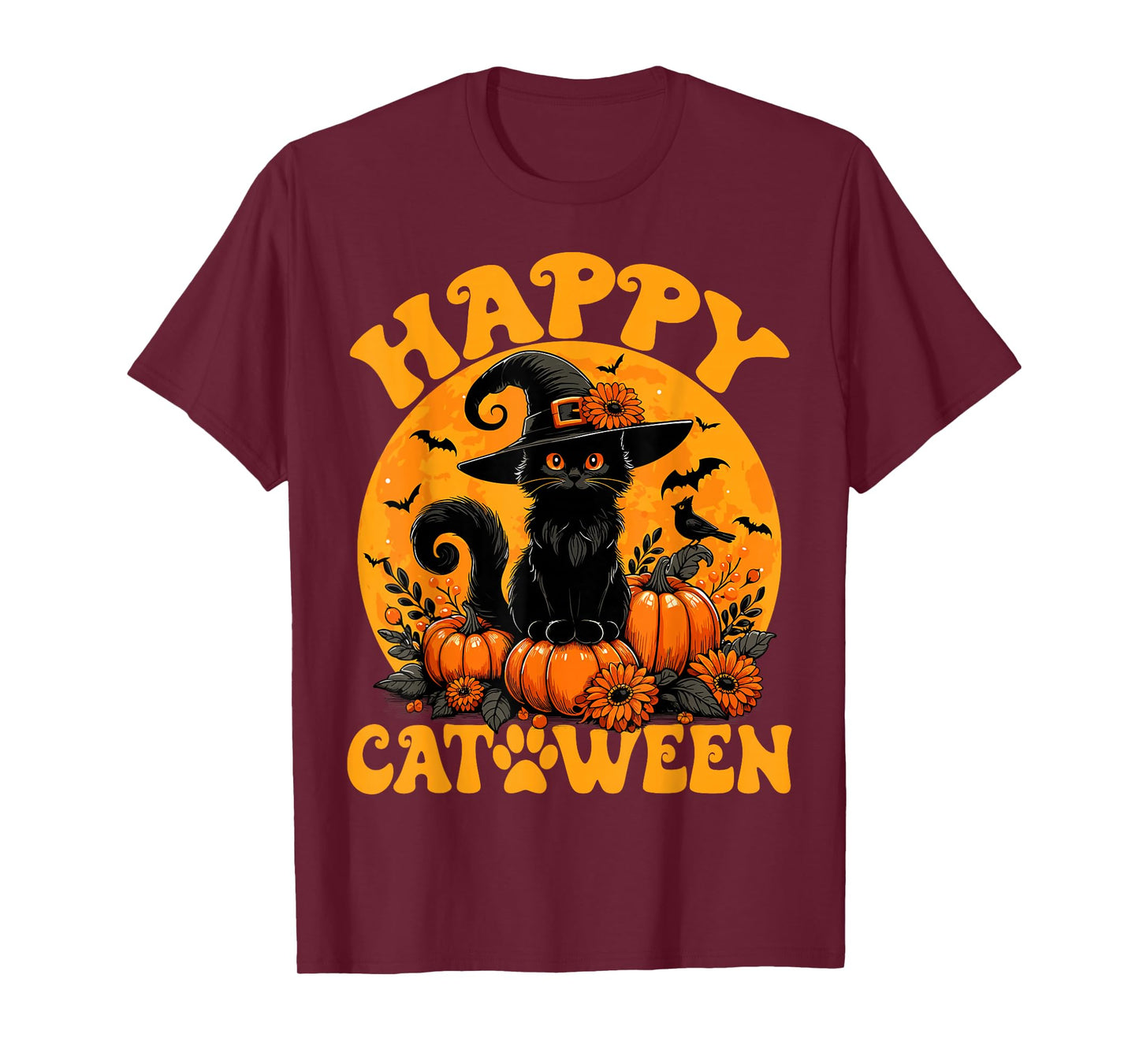 Funny Black Cat Pumpkin Witch Kitten Full Moon Halloween Cat T-Shirt