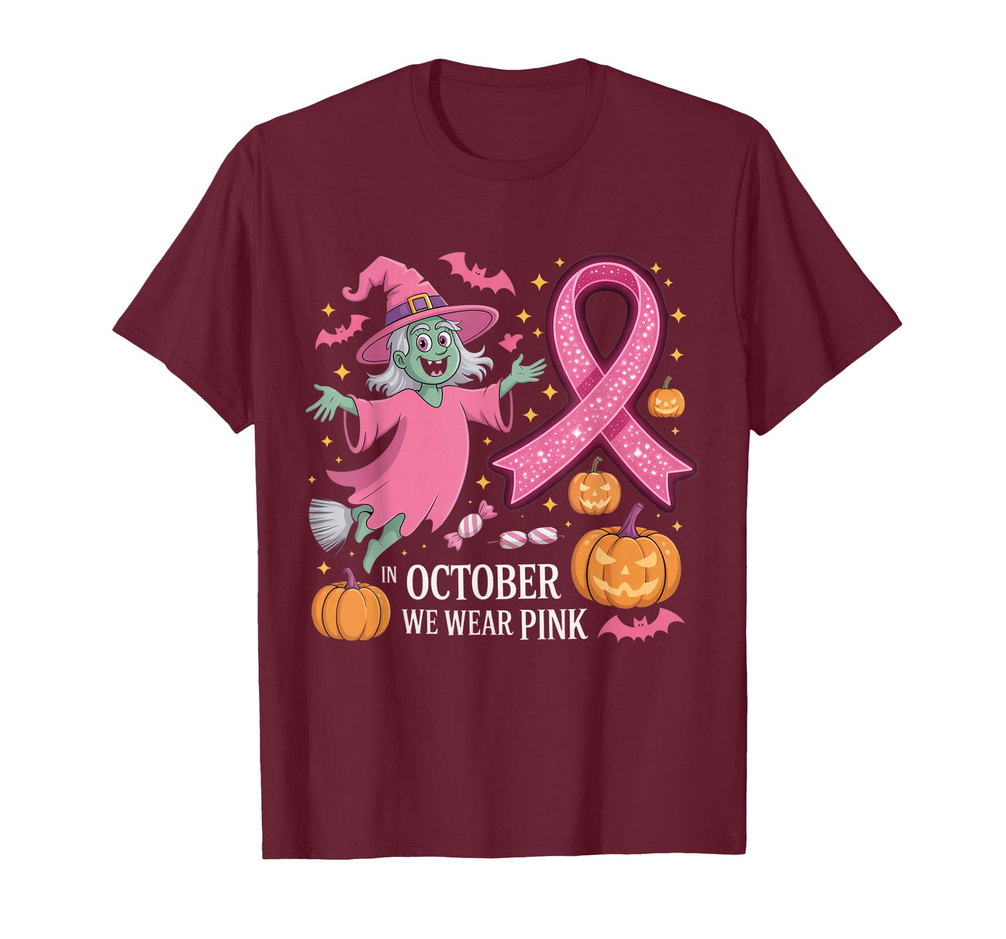 in October We Wear Pink Ghost Witch Breast Cancer Awareness T-Shirt