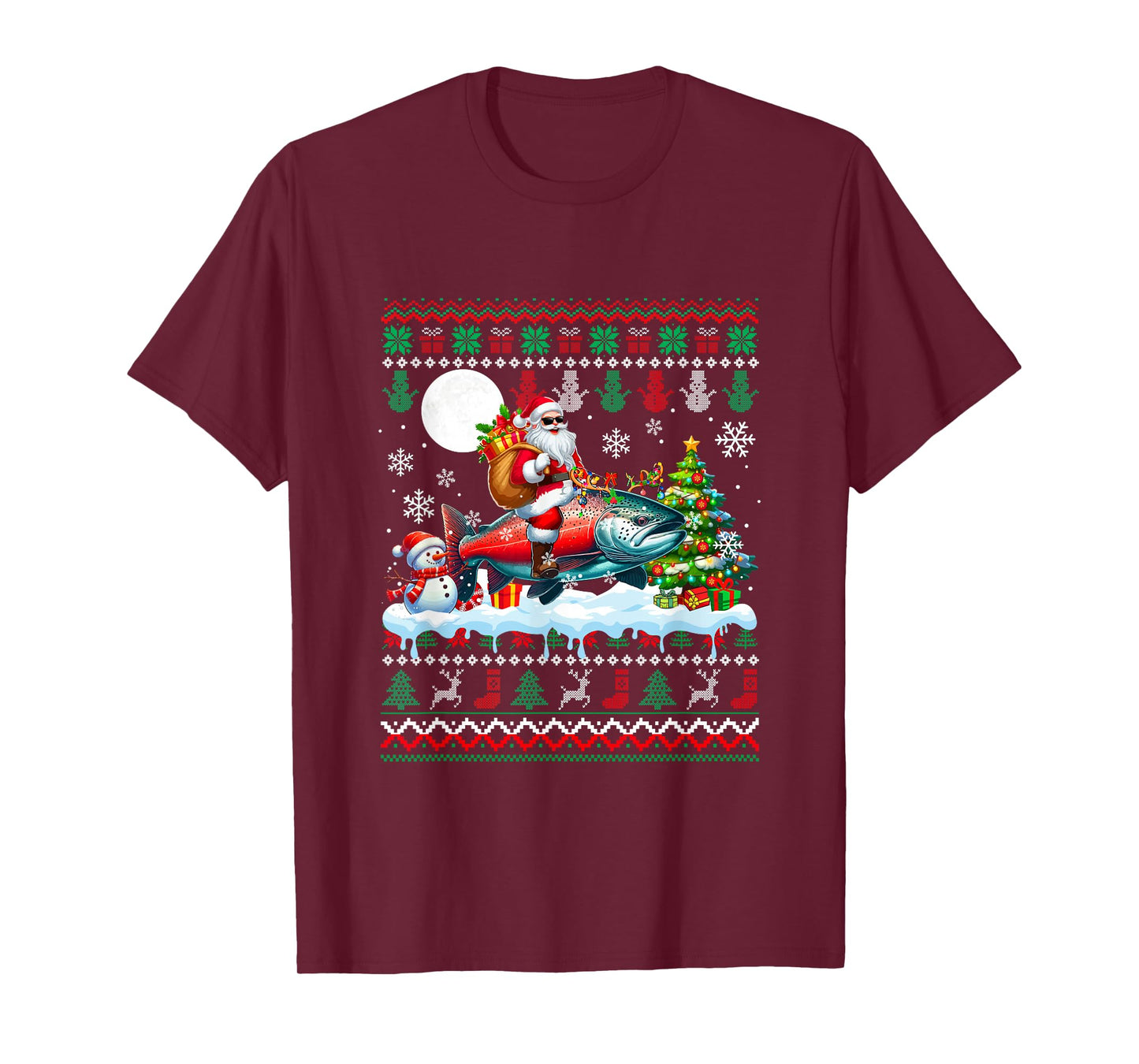 Santa Riding Reindeer Salmon Sweater Xmas Tree Snowman T-Shirt