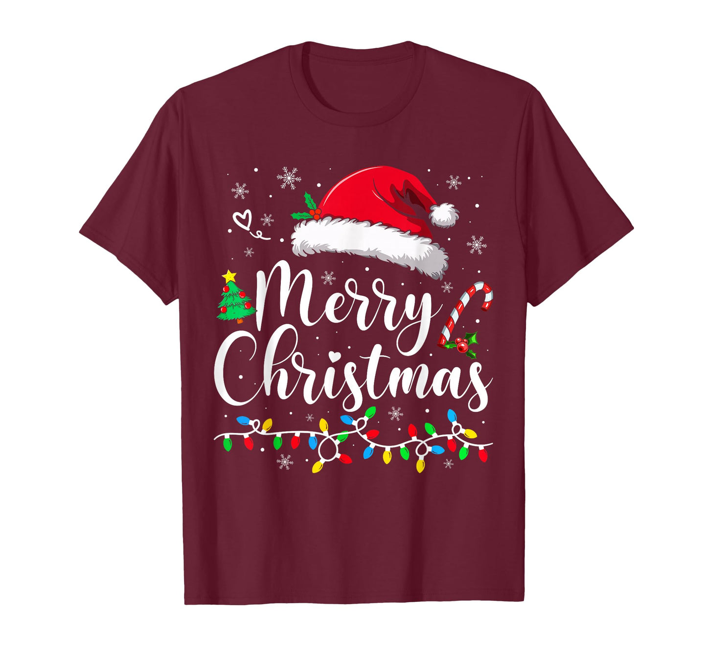 Merry Christmas Lights Santa Hat Xmas Family Matching Pajama T-Shirt