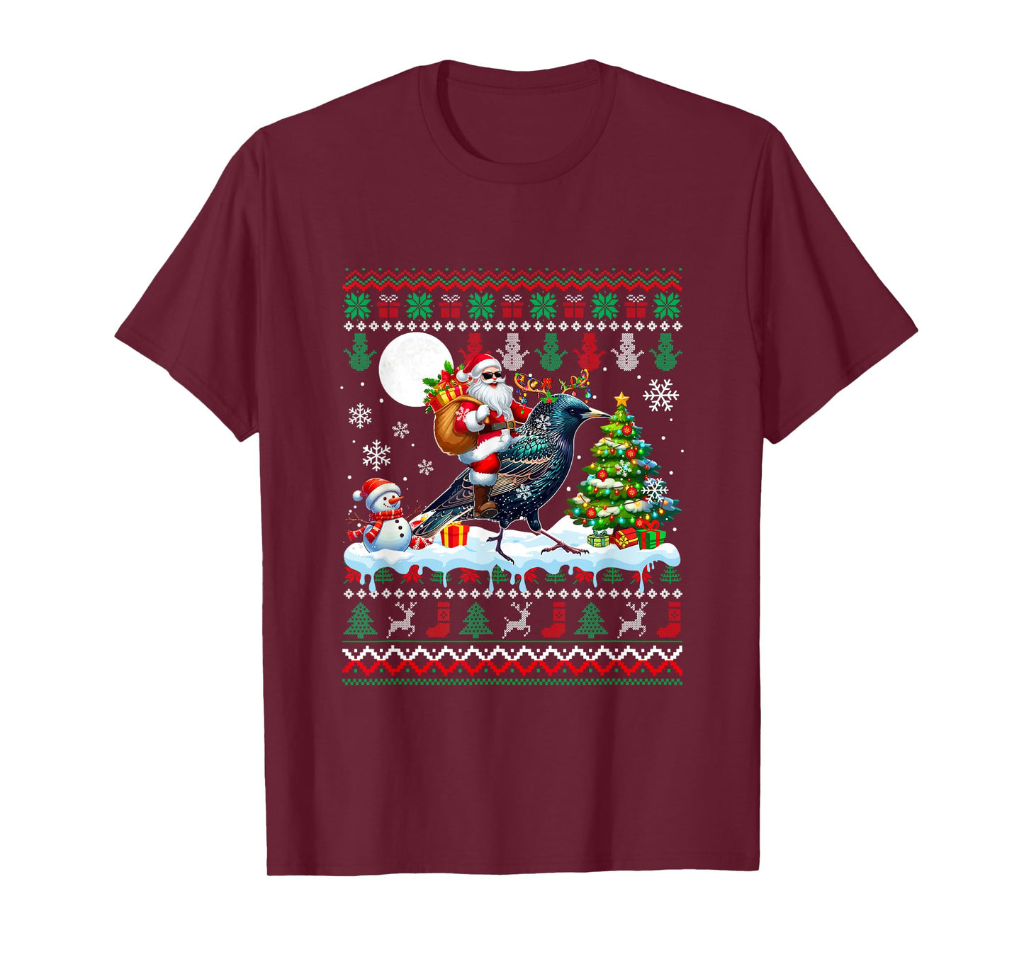 Santa Riding Reindeer Starling Sweater Xmas Tree Snowman T-Shirt