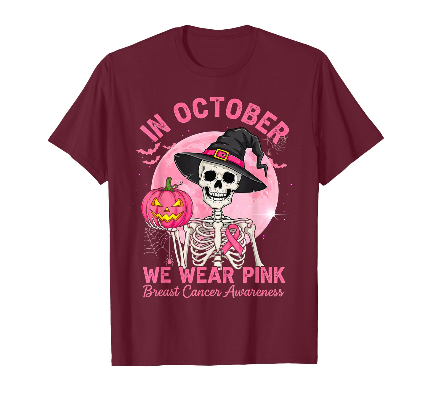 Halloween Breast Cancer Awareness Spooky Skeleton Witch T-Shirt