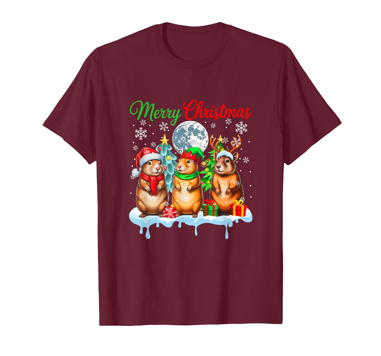Merry Christmas Three Santa Elf Reindeer Gophers Rodent T-Shirt