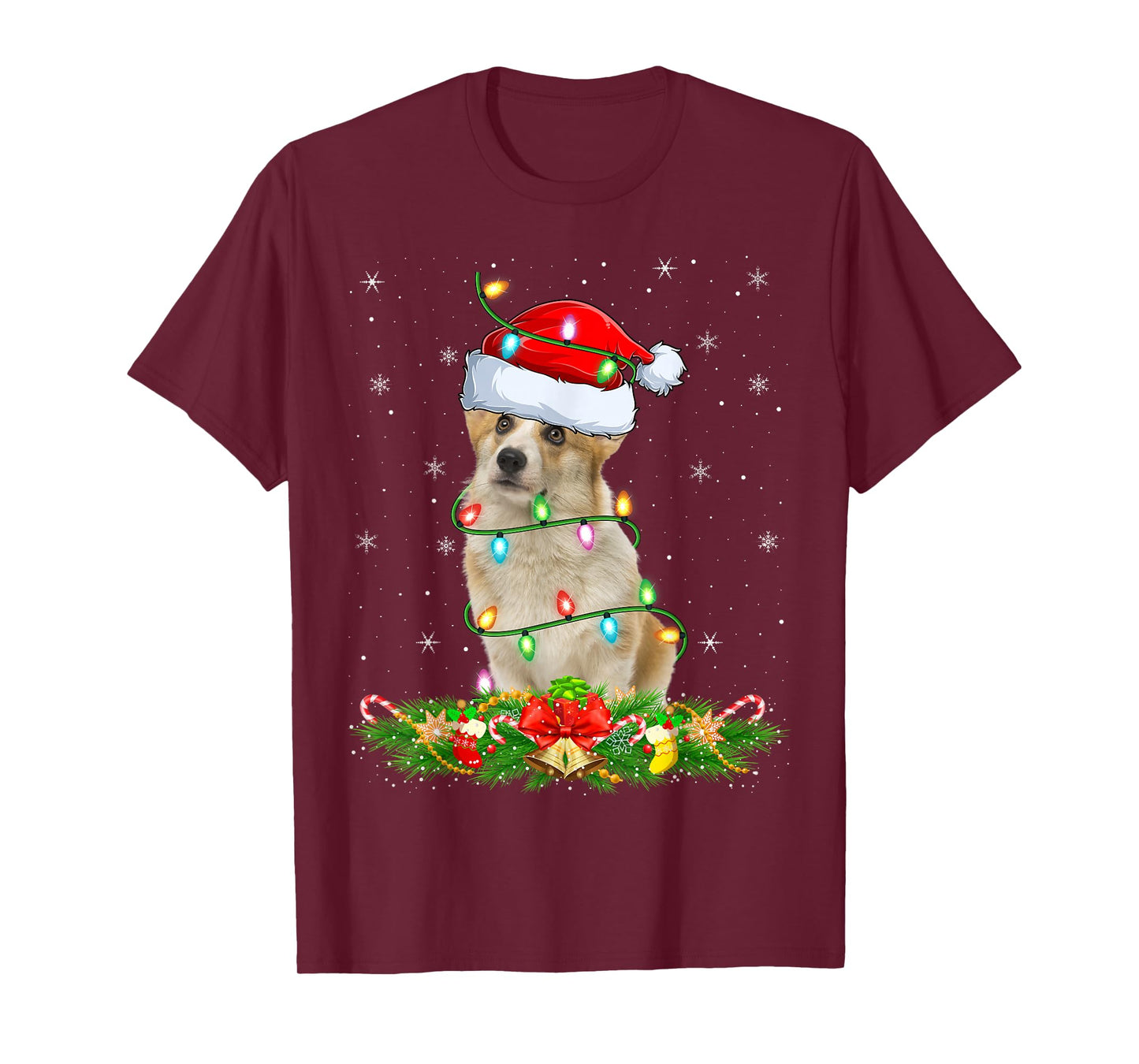 Welsh Corgi Dog Christmas Lights Funny Santa Hat Xmas T-Shirt