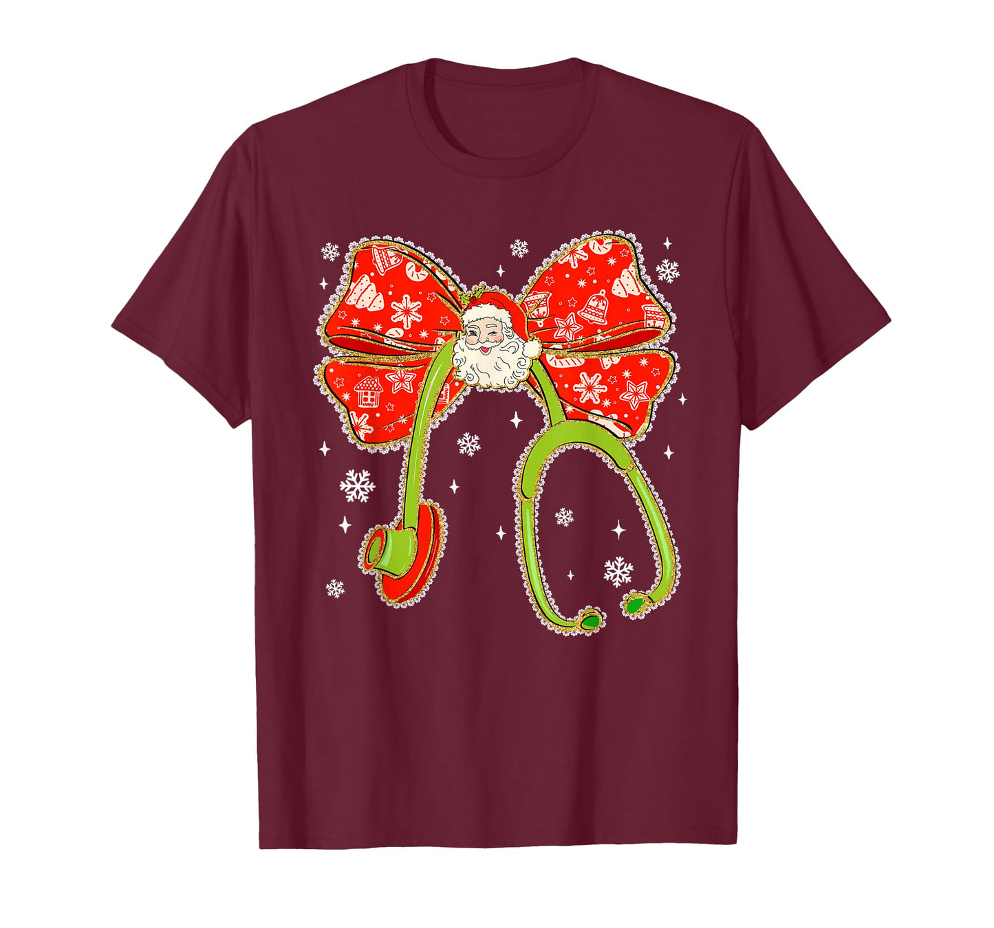 Stethoscope Nurse Santa Merry Christmas Snowflake Holiday T-Shirt
