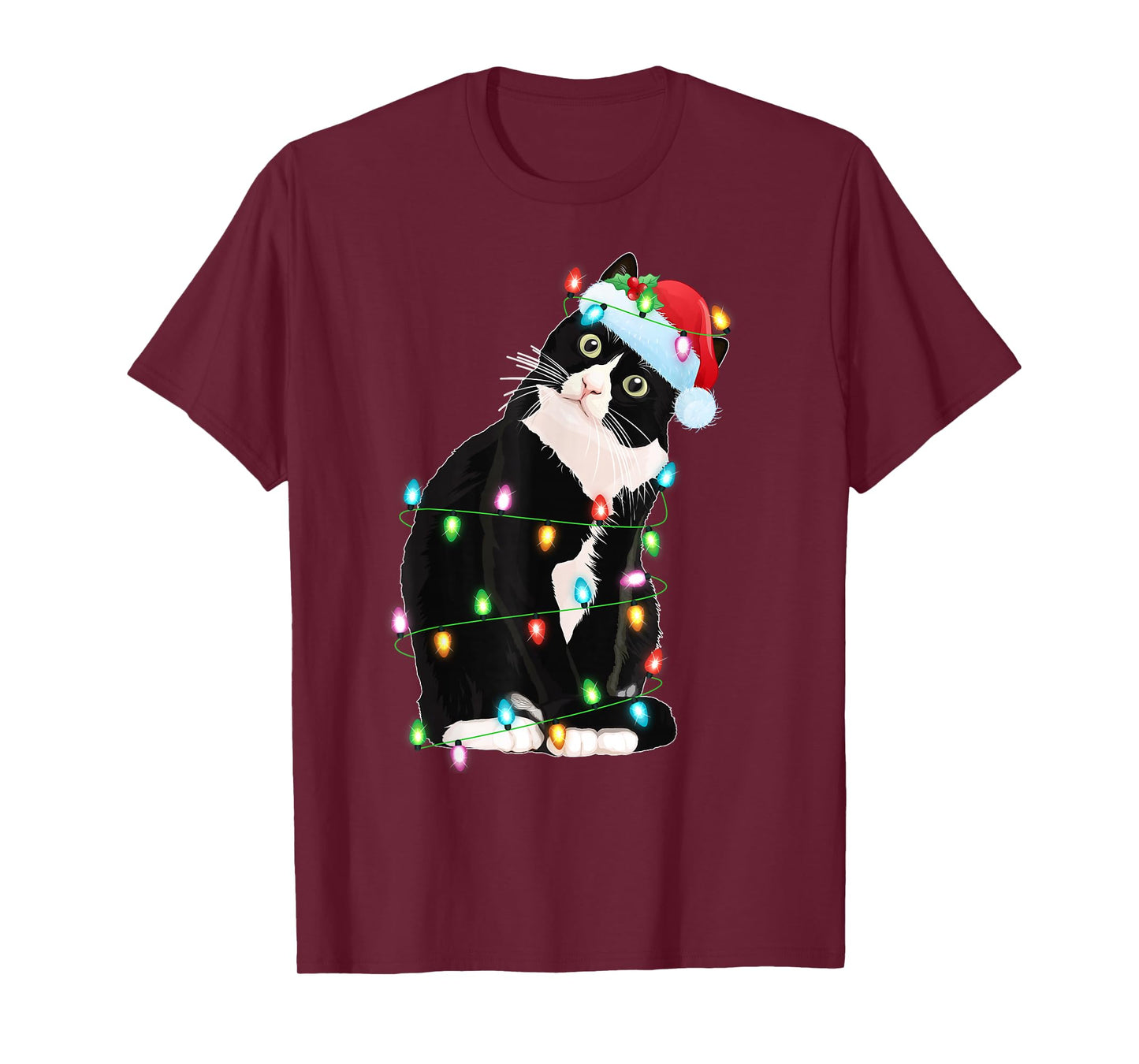 Black Cat Christmas Lights Funny Santa Hat Black Cat Xmas T-Shirt