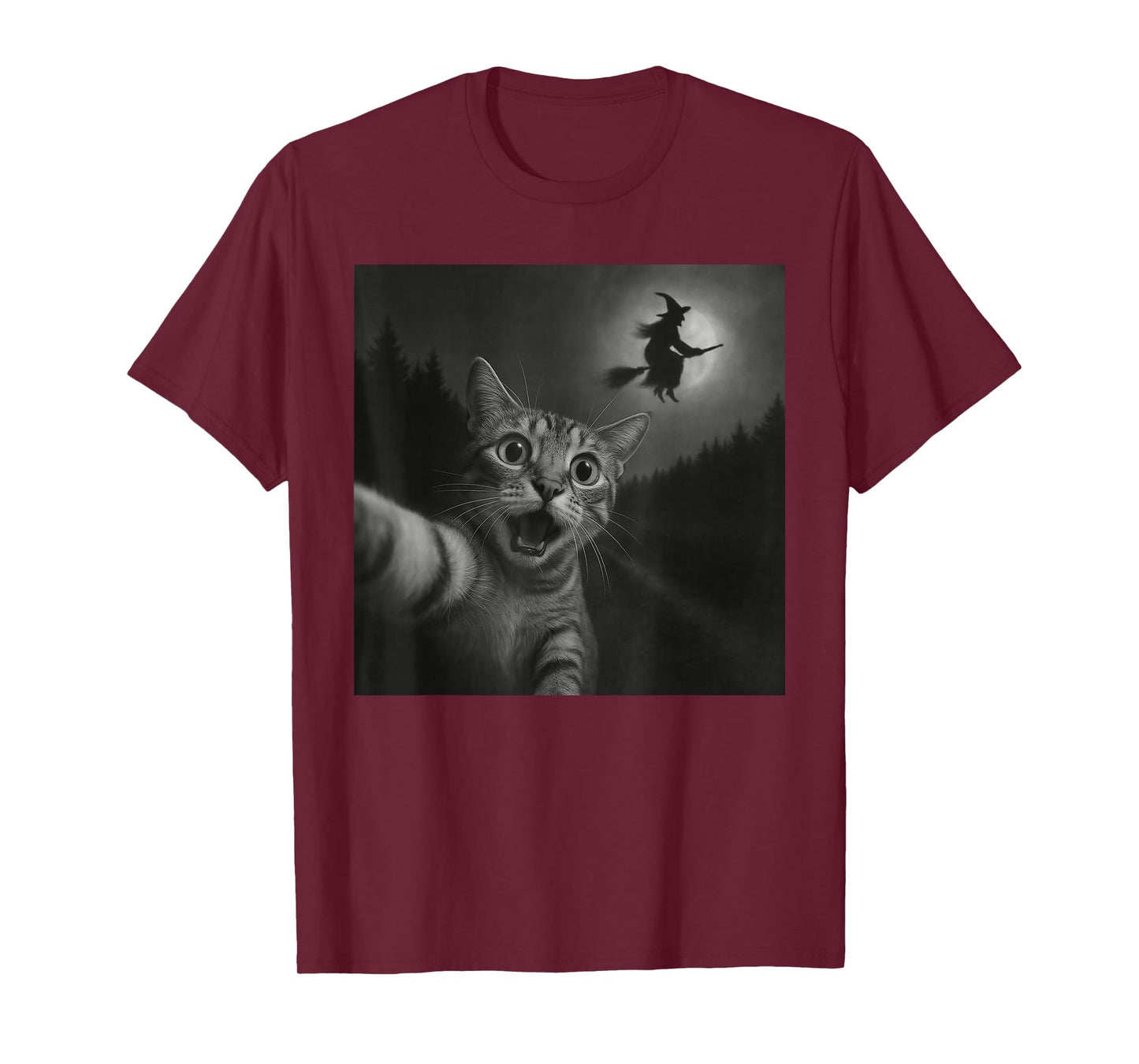 Funny Halloween Surprised Scared Cat Selfie Witch Broomstick T-Shirt