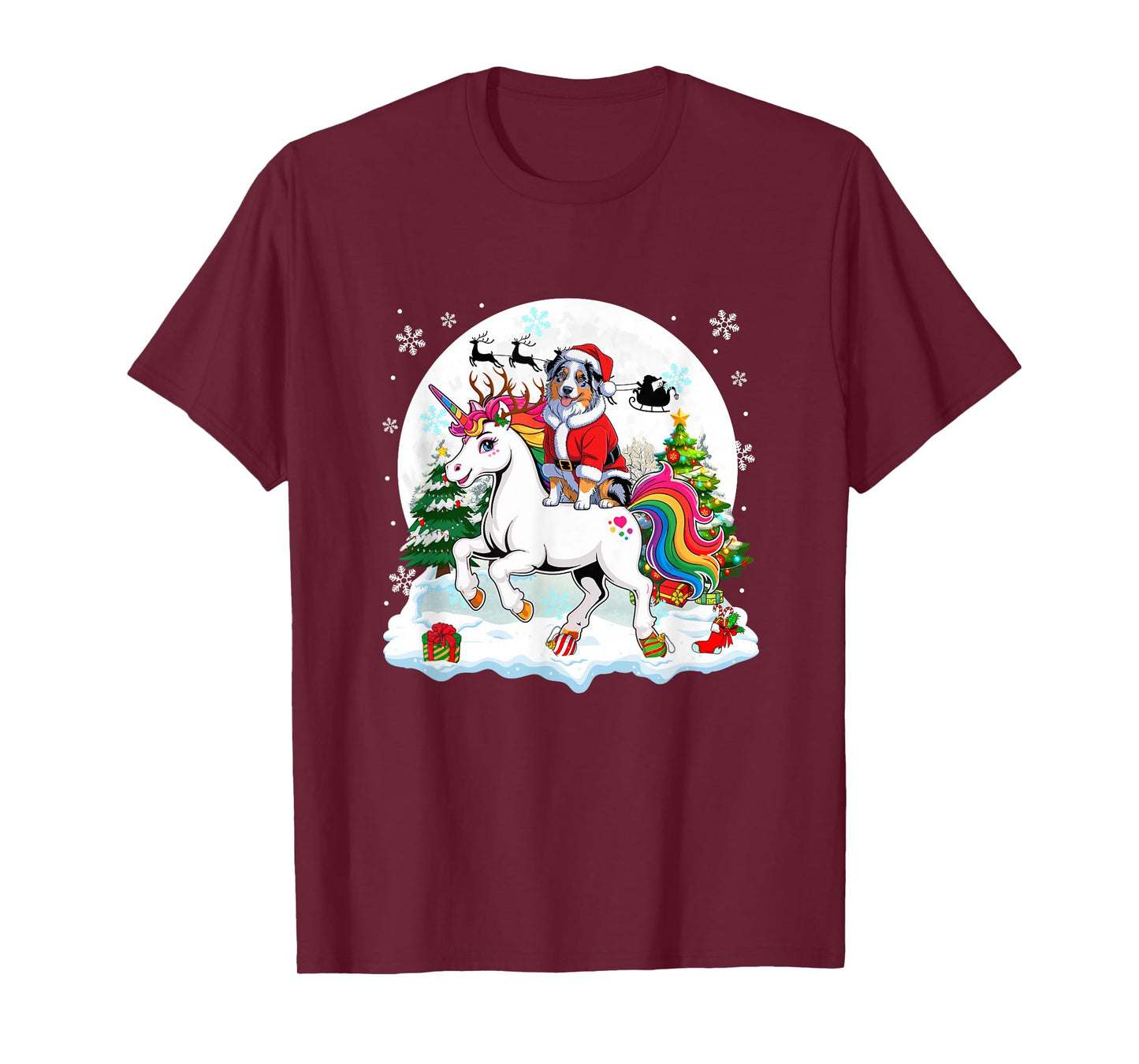 Santa Aussie Riding Unicorn Reindeer Christmas Owner Kids T-Shirt