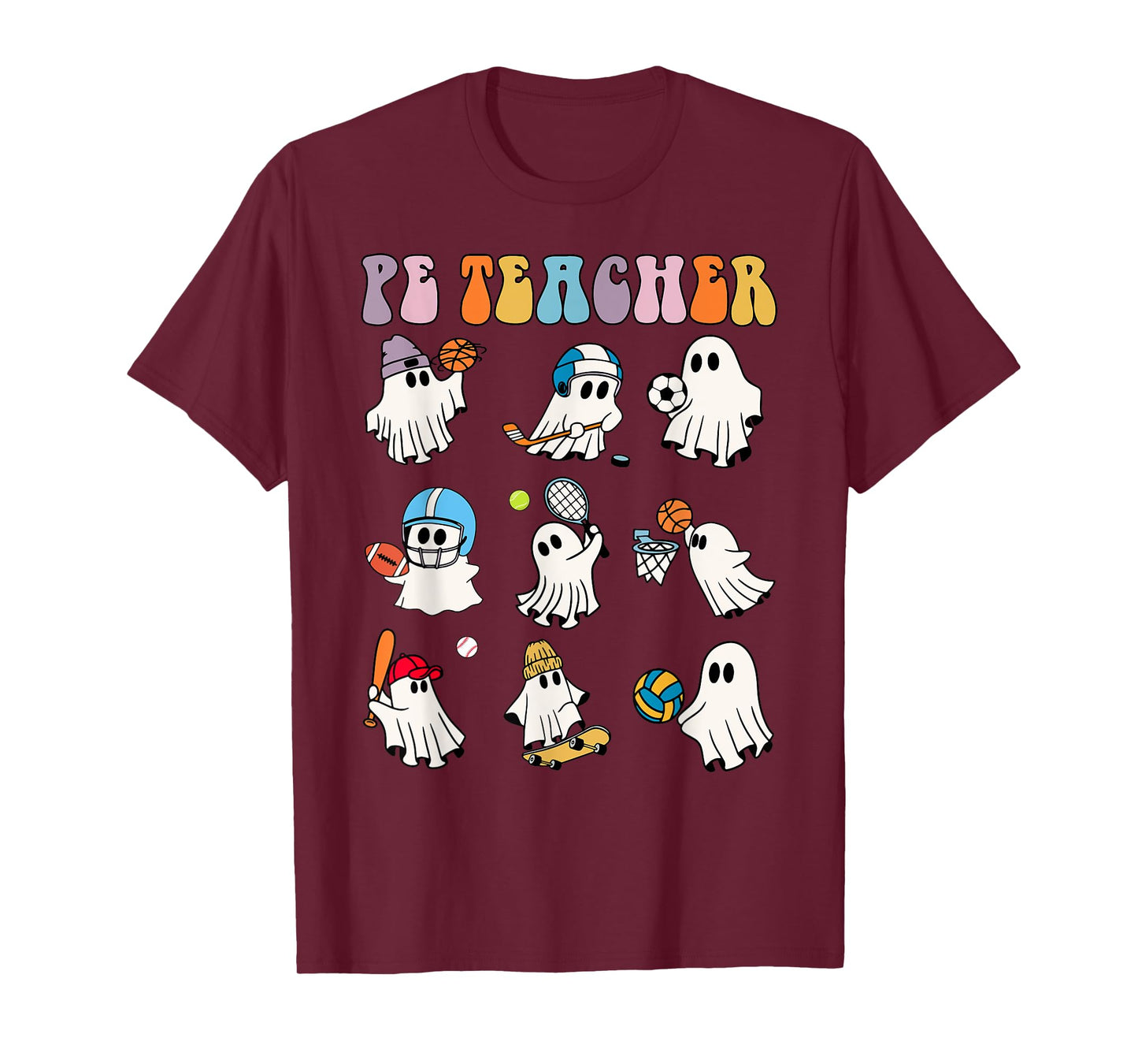 Halloween PE Teacher Ghost Playing Soccer Football Baseball T-Shirt