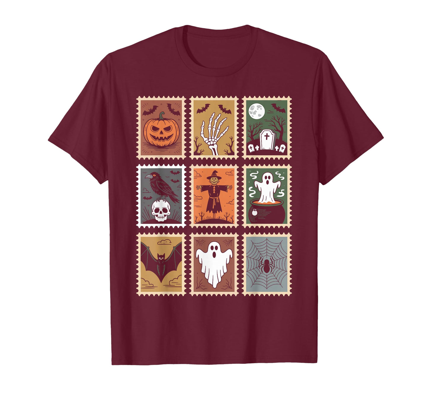Halloween Stamps Spooky Pumpkin Ghost Cat Witch Skeleton T-Shirt