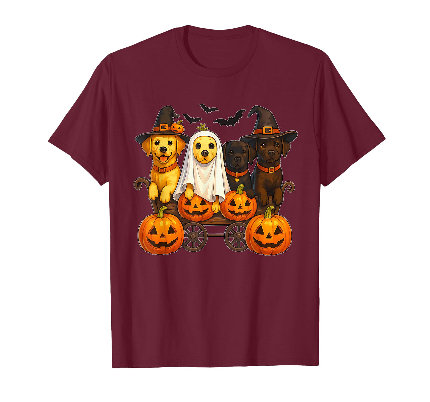 Halloween Retriever Dogs Ghost Witch Pumpkins Wooden Wagon T-Shirt