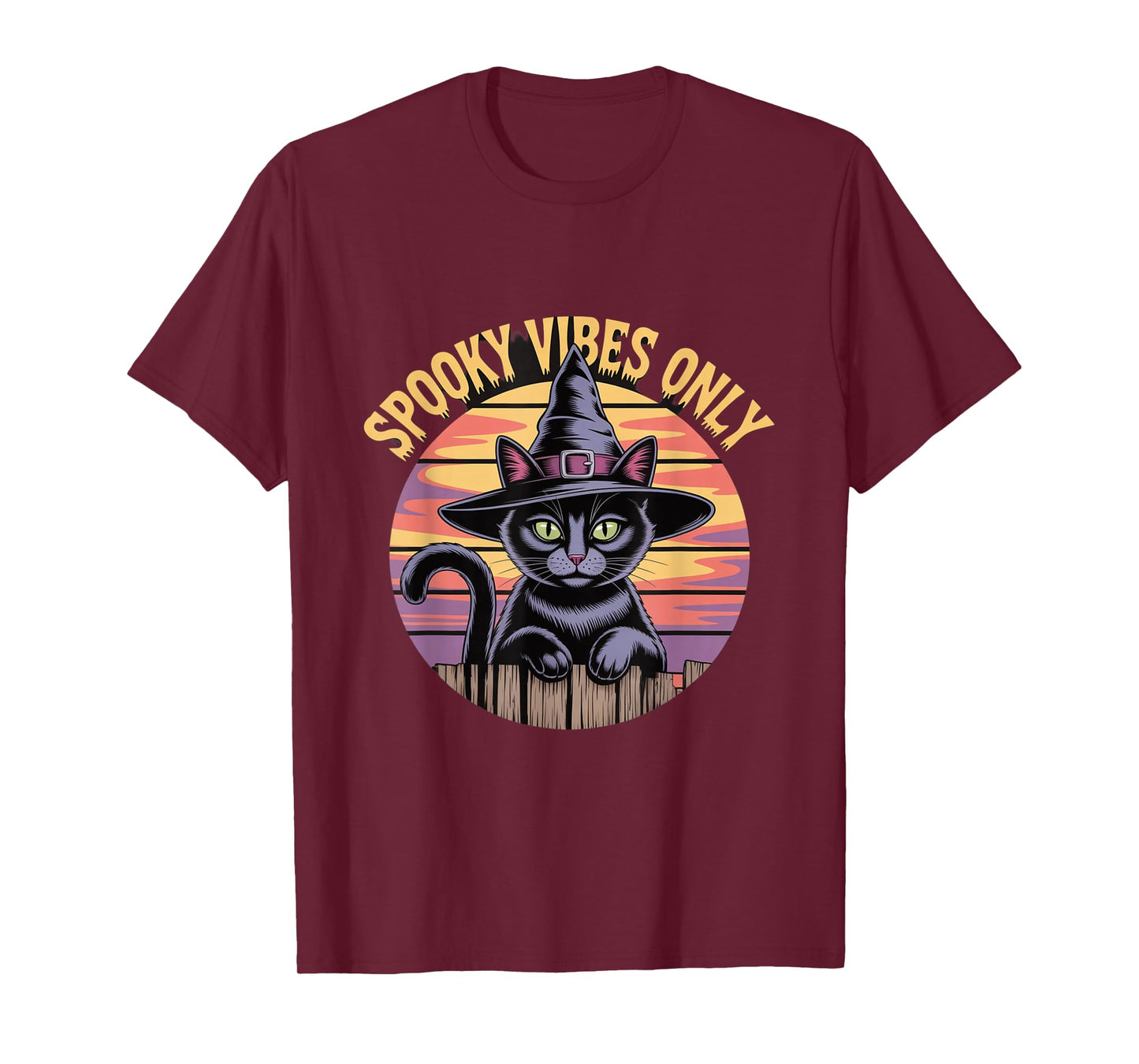 Spooky Vibes Only Cat Witch Hat Sunset Halloween T-Shirt