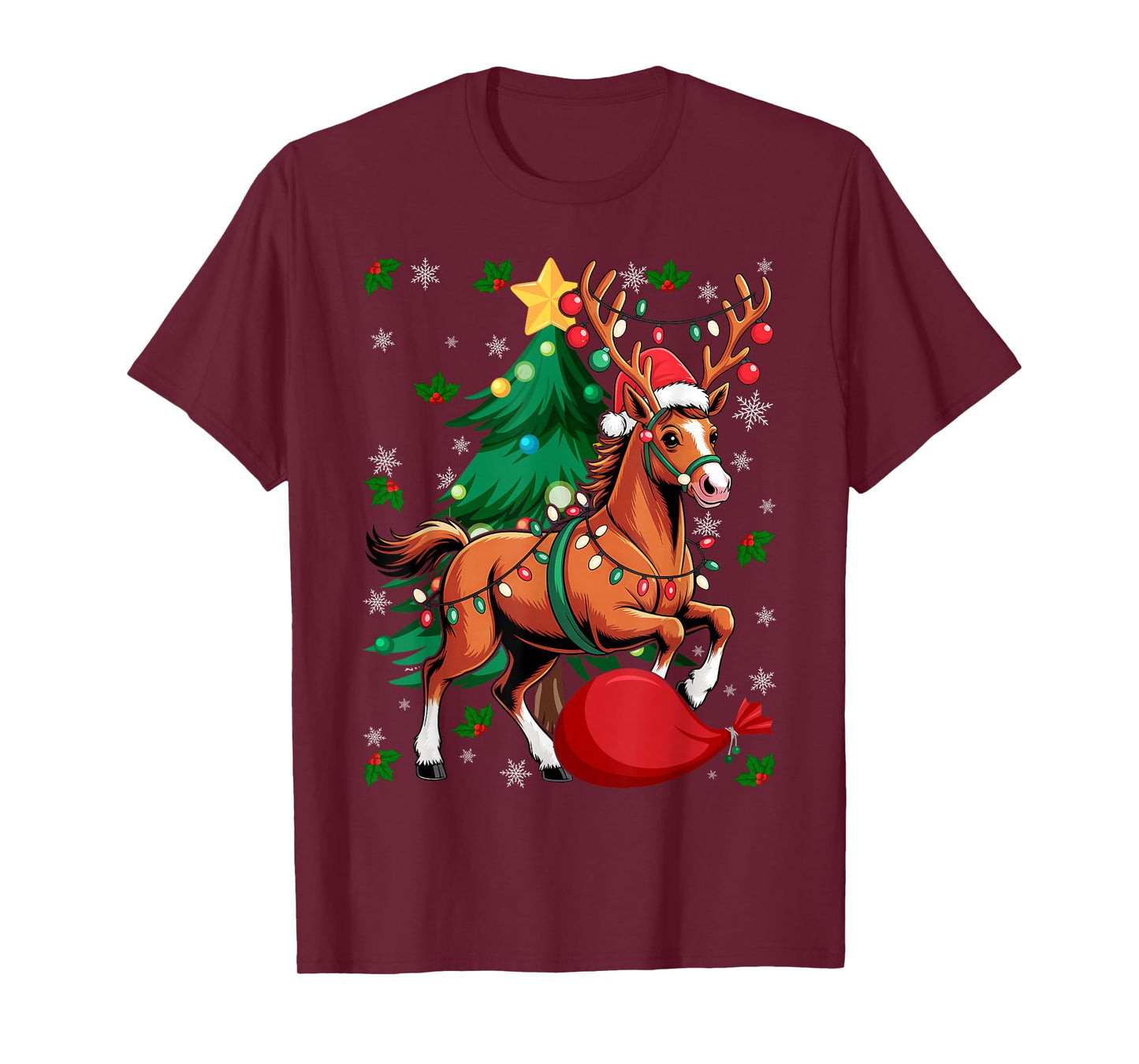 Christmas Lights Horse Santa Funny Xmas Tree T-Shirt