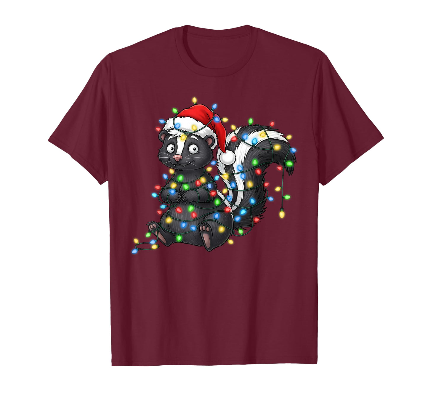 Cute Skunk Tangled in Christmas Lights Wearing Santa Hat T-Shirt
