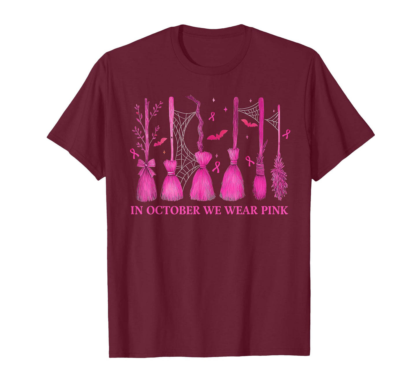 in October We Wear Pink Witch Broom Breast Cancer Halloween T-Shirt