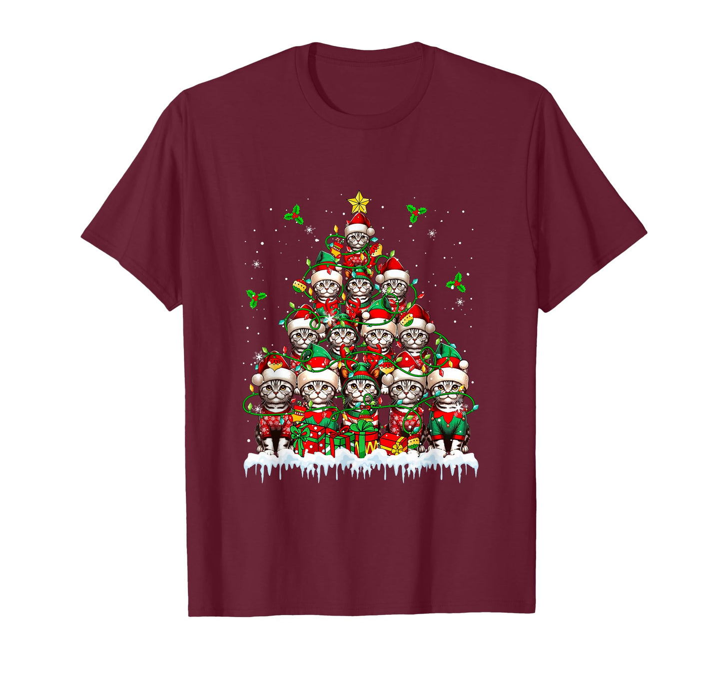 Group Santa Reindeer Elf American Shorthair Cats Xmas Tree T-Shirt