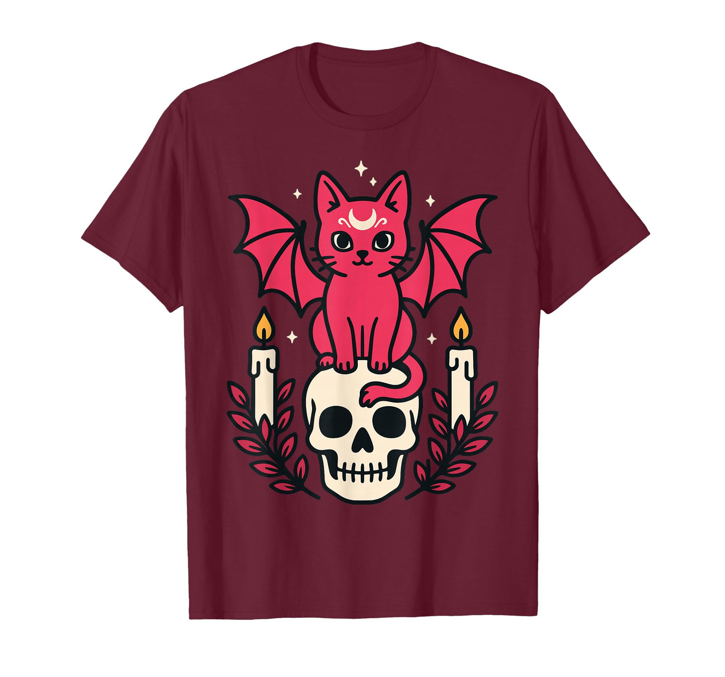 Gothic Bat Cat on Skull Cute Halloween Magic Style T-Shirt