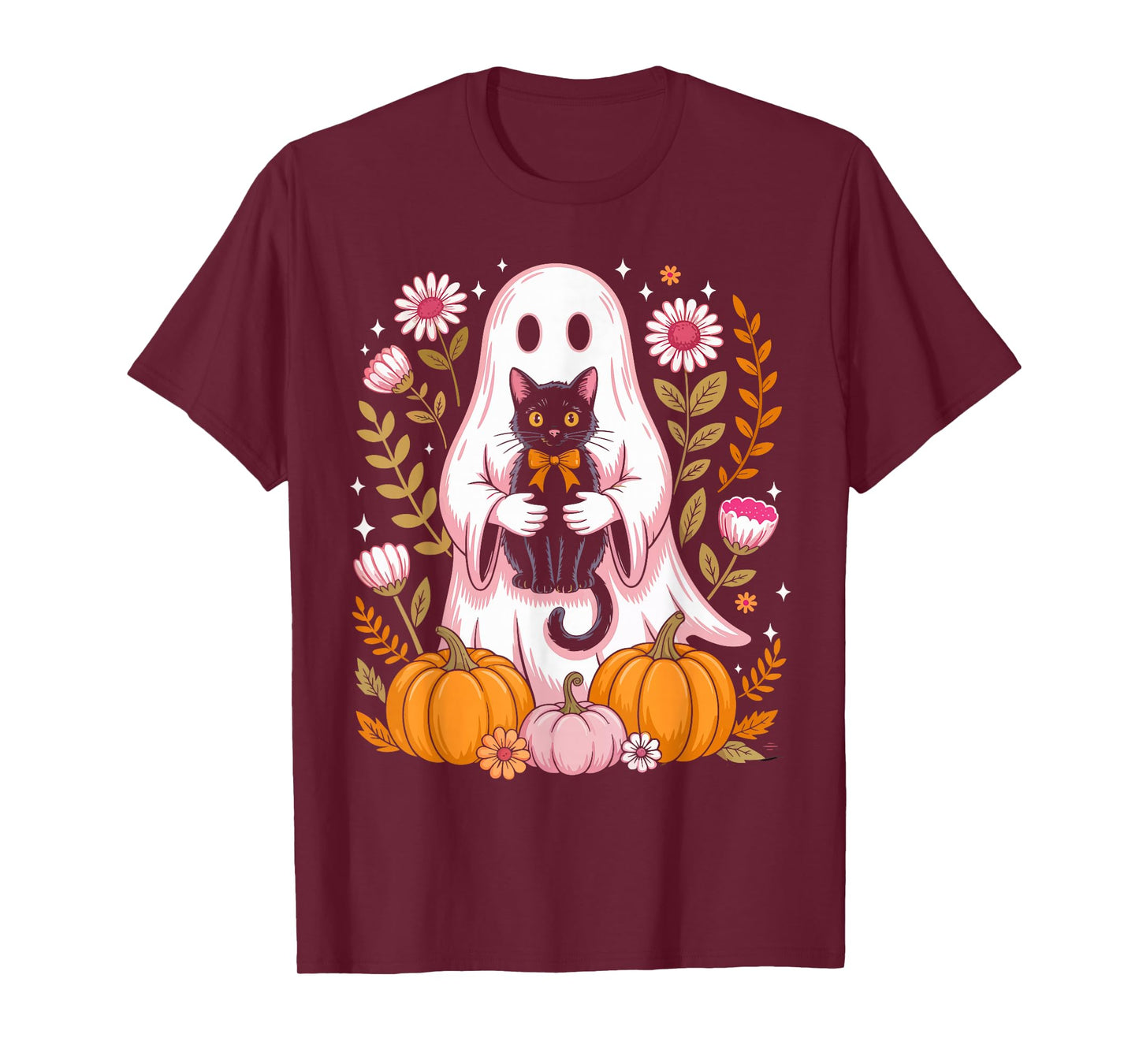Cute Halloween Ghost Holding Black Cat Vintage Groovy Floral T-Shirt