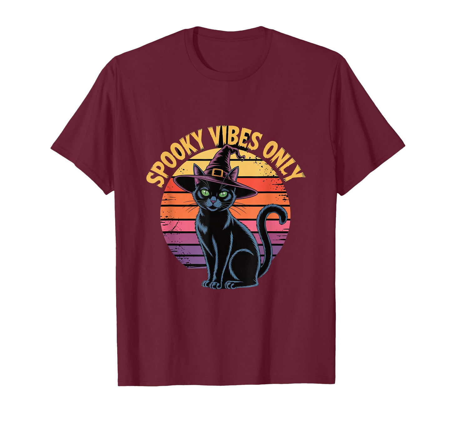 Spooky Vibes Only Cat Witch Hat Retro Sunset Halloween T-Shirt