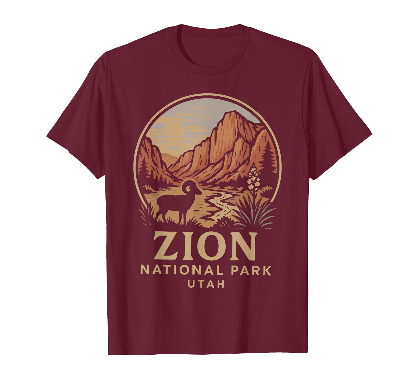 Vintage Zion National Park Bighorn Sheep and Canyon Sunset T-Shirt