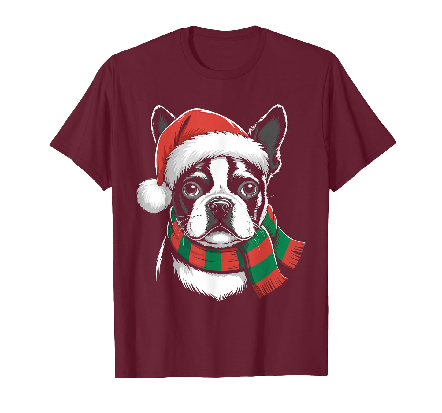 Boston Terrier Xmas Santa Hat Scarf Christmas Costume T-Shirt