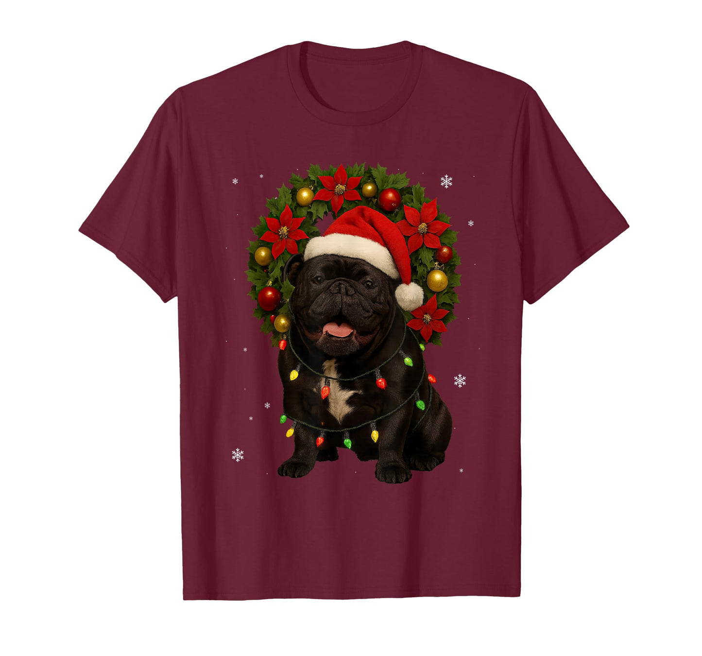 Cute English Bulldog Festive Wreath Christmas Dog T-Shirt
