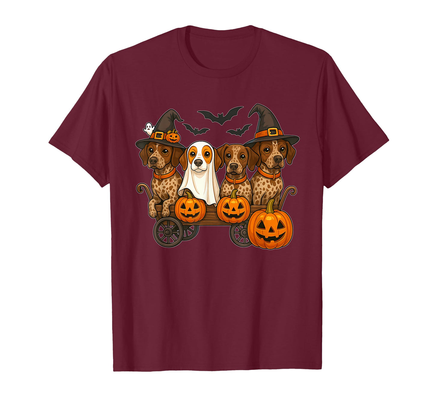 Halloween Shorthaired Dogs Ghost Witch Pumpkins Wooden Wagon T-Shirt