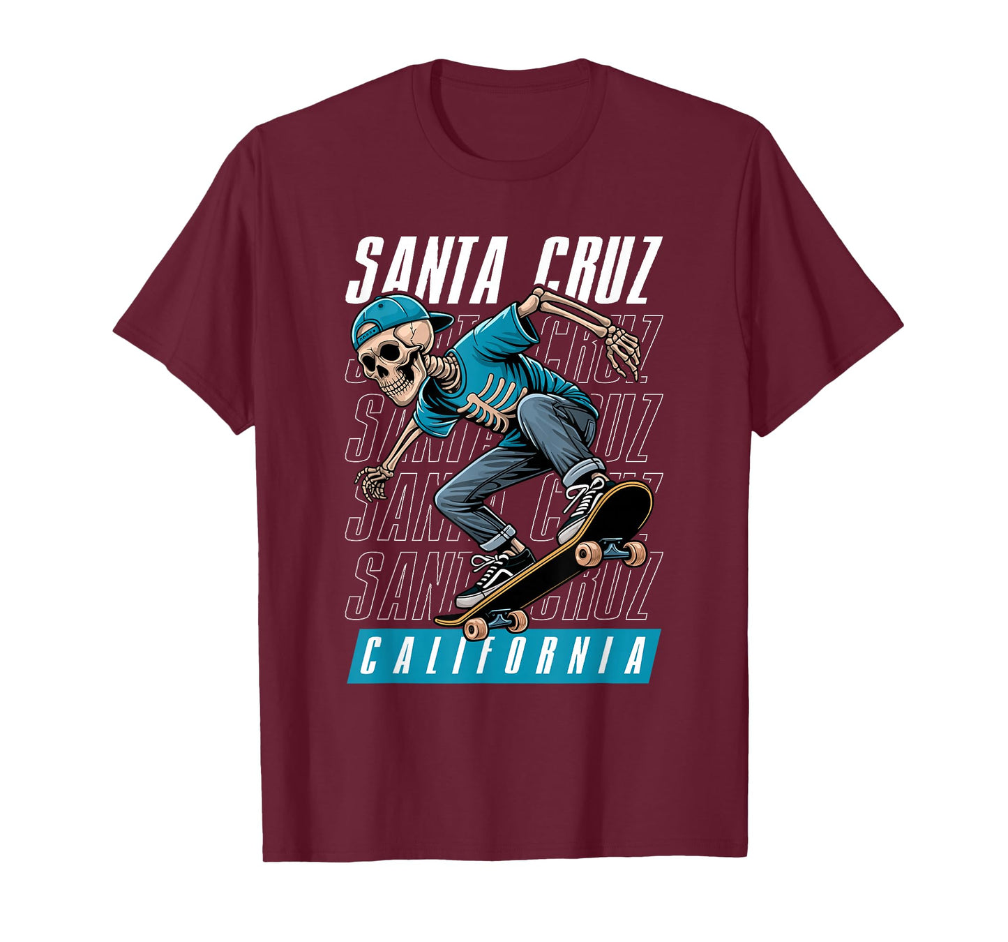 Santa Cruz California Tee, Skeleton in Hat Old School Skater T-Shirt
