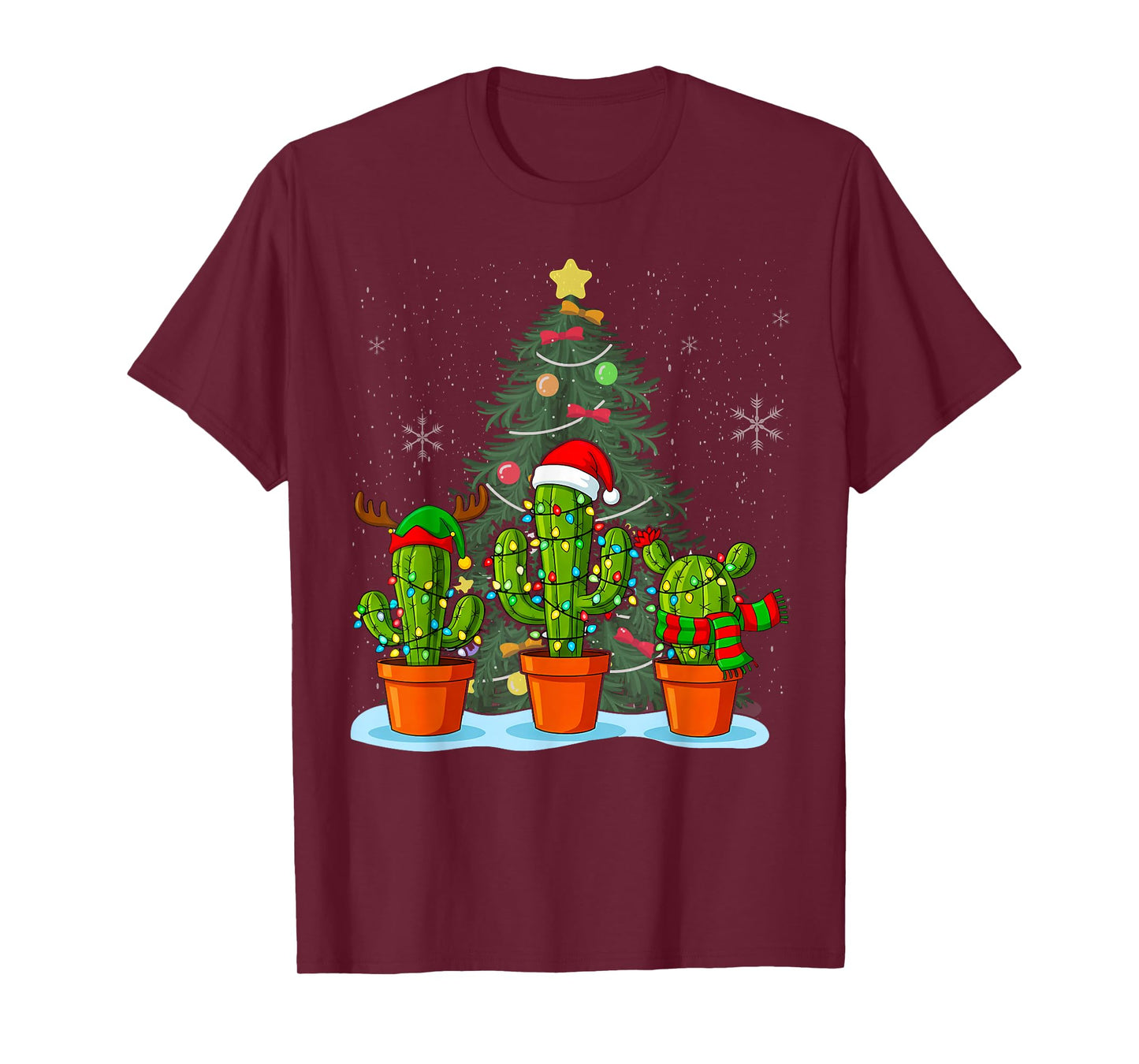 Christmas Lights Santa Hat Reindeer Horns Cactus Decor T-Shirt