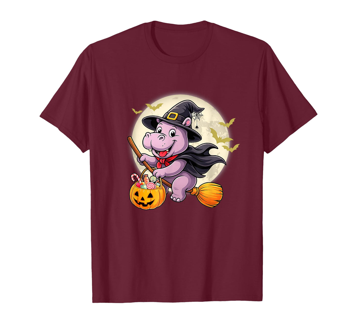Hippo Witch Hat Riding Broom Halloween Funny Animal Lover T-Shirt