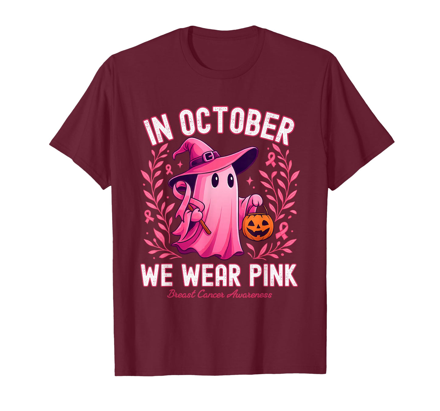 in October We Wear Pink Ghost Witch Design for Breast Cancer T-Shirt