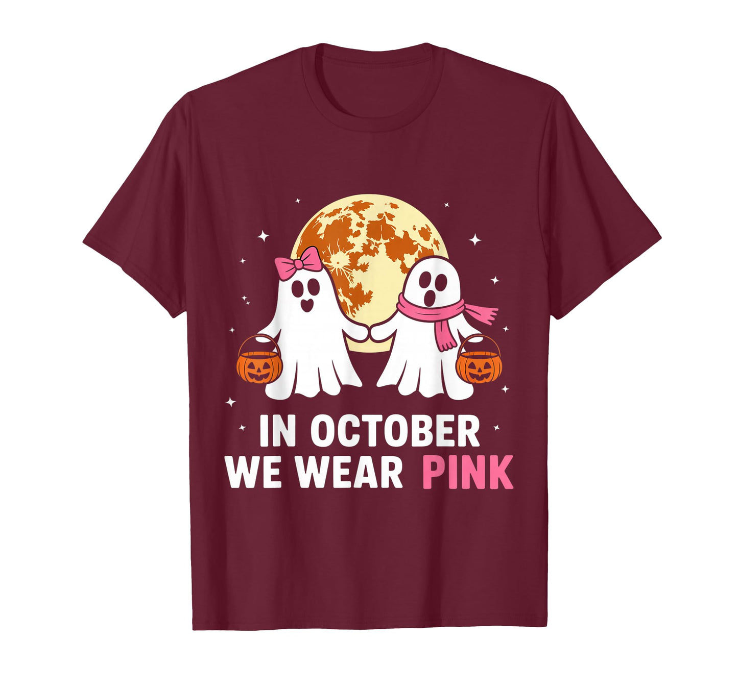 in October We Wear Pink Ghost Witch Breast Cancer Awareness T-Shirt