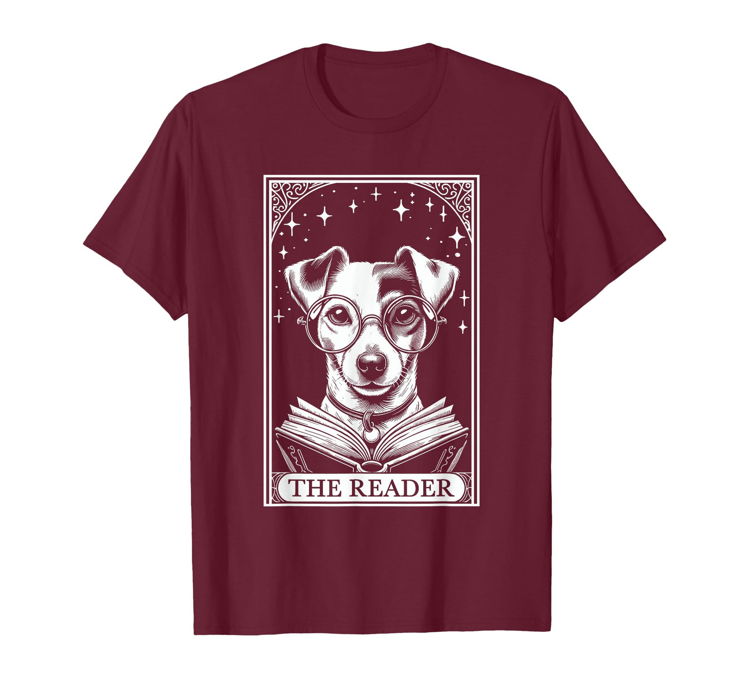 Retro Funny Jack Russell Dog Mom Reading Bookworm Tarot Card Jack Russell Terrier Book Lover T-Shirt - Unisex-Adults, Unisex-Kids - Black - Short Sleeve - Small