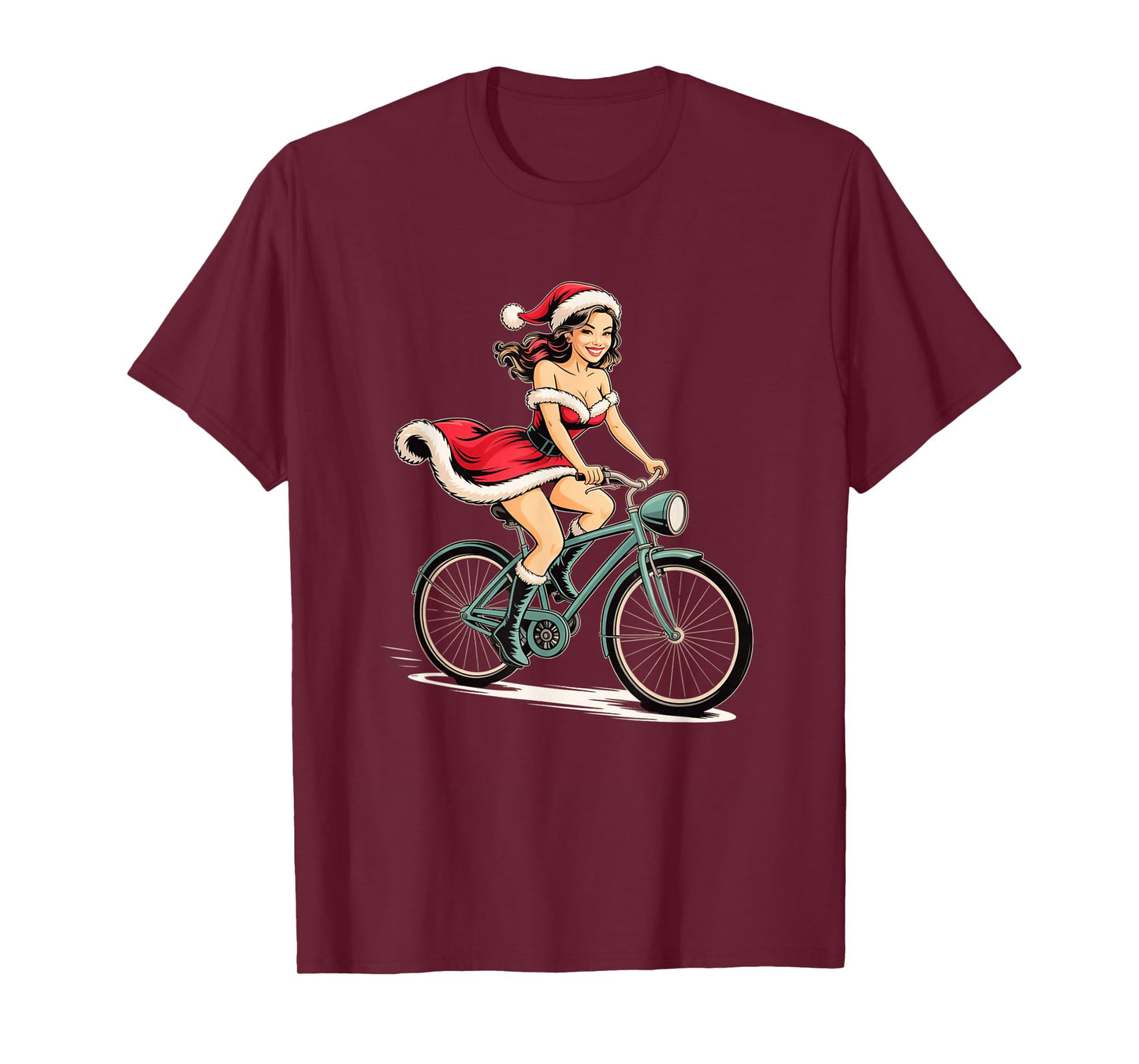 Pinup Christmas Santa Girl on Bicycle Vintage Retro Holiday T-Shirt