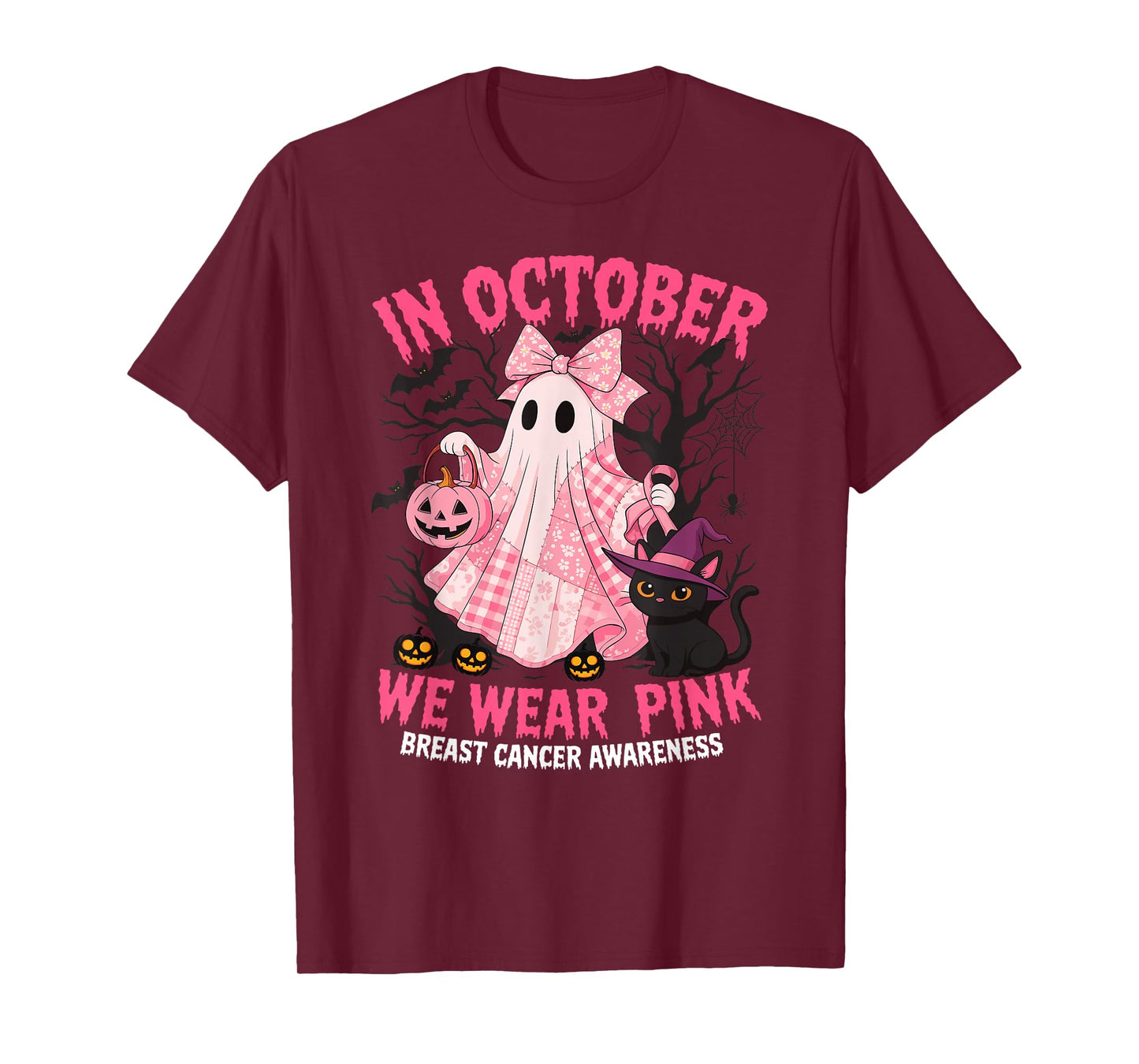 in October We Wear Pink Ghost Breast Cancer Halloween Cute T-Shirt
