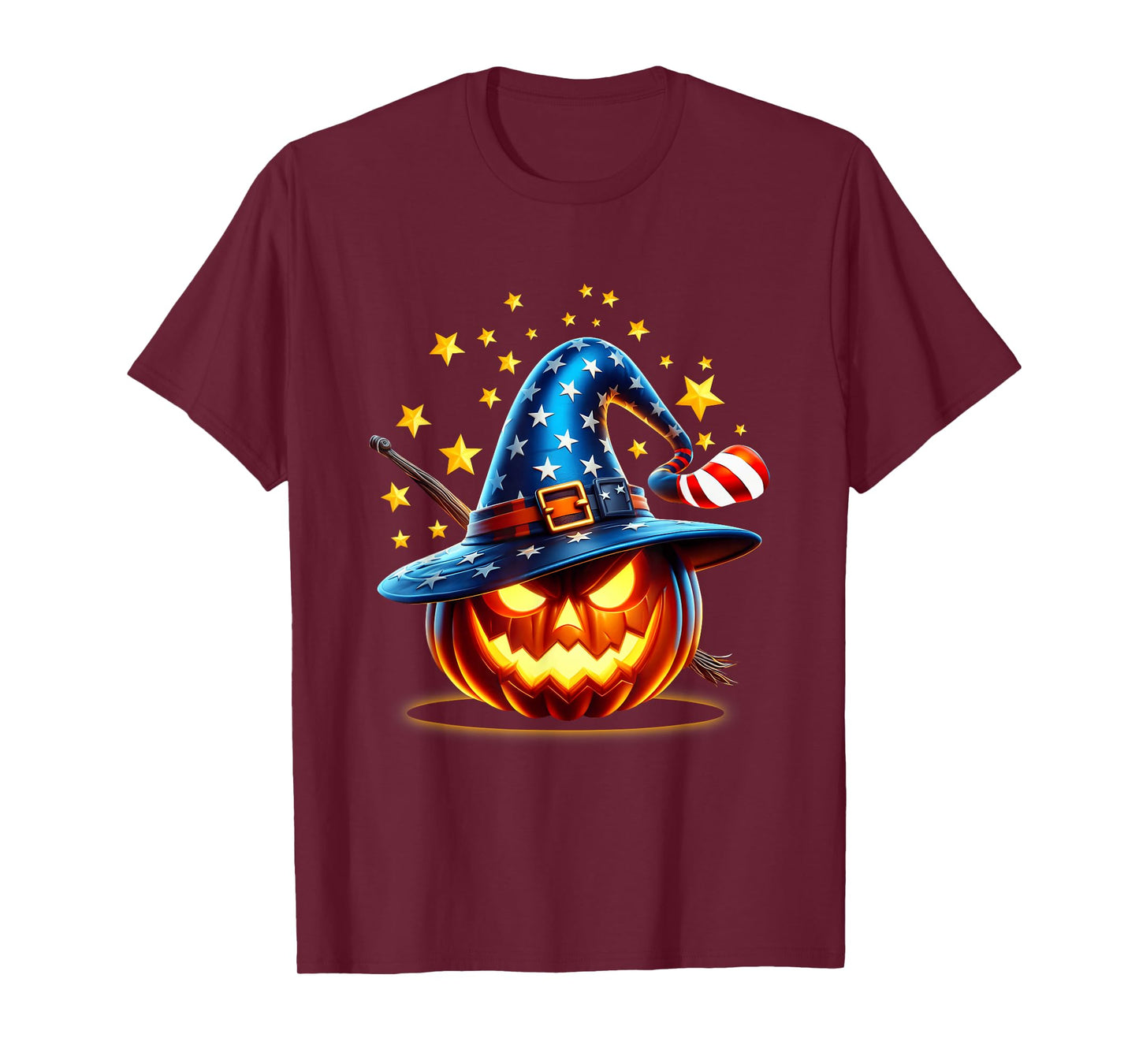 Patriotic Jack O Lantern Wearing Stars and Stripes Witch Hat T-Shirt
