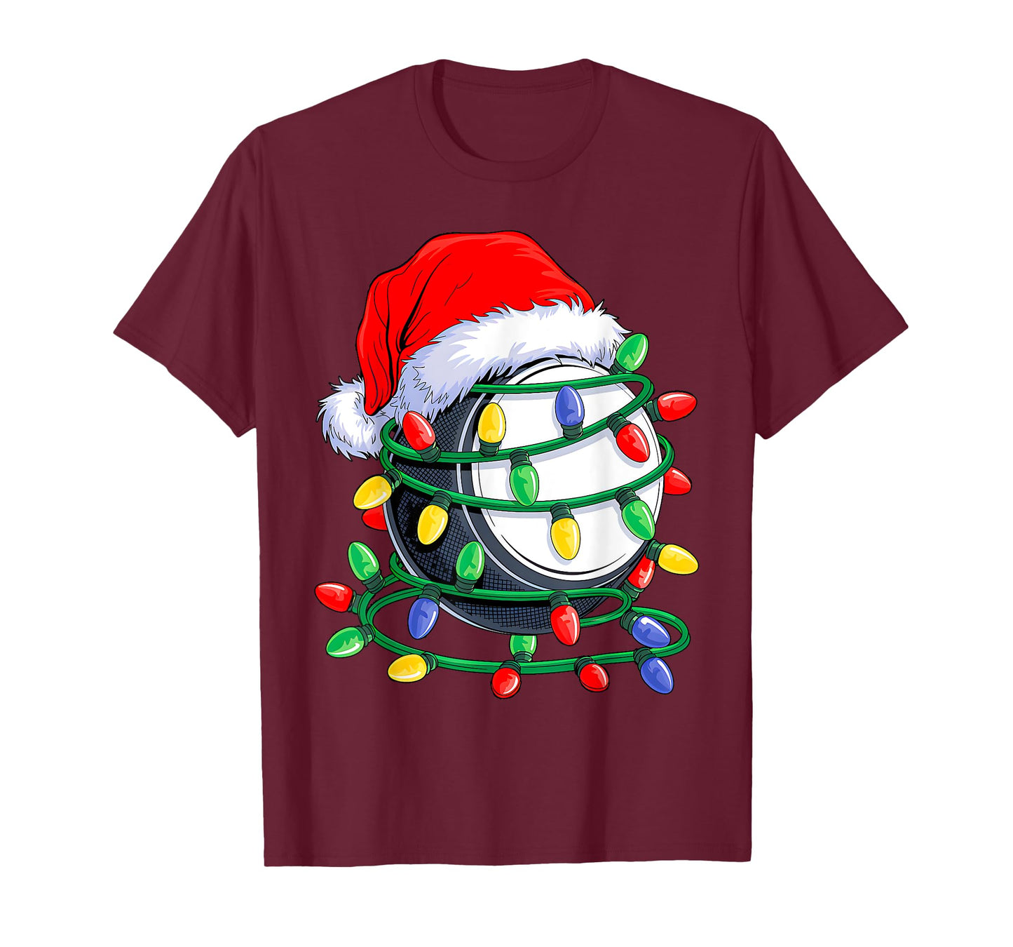 Hockey Santa Hat Christmas Squad Hockey Lover Xmas Lights T-Shirt