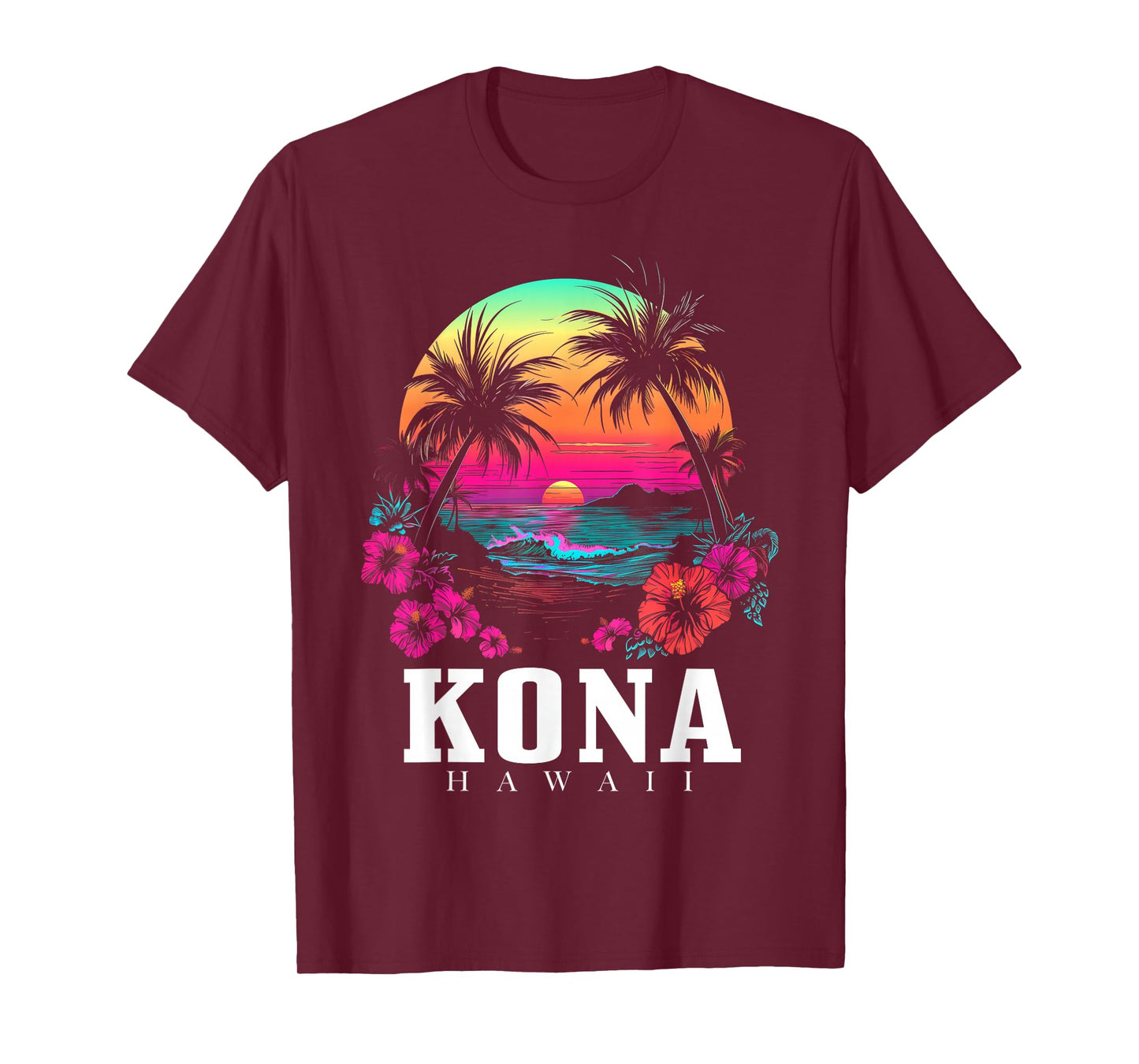 Kona Hawaii Hawaiian Hibiscus Flowers Surfer Souvenir T-Shirt