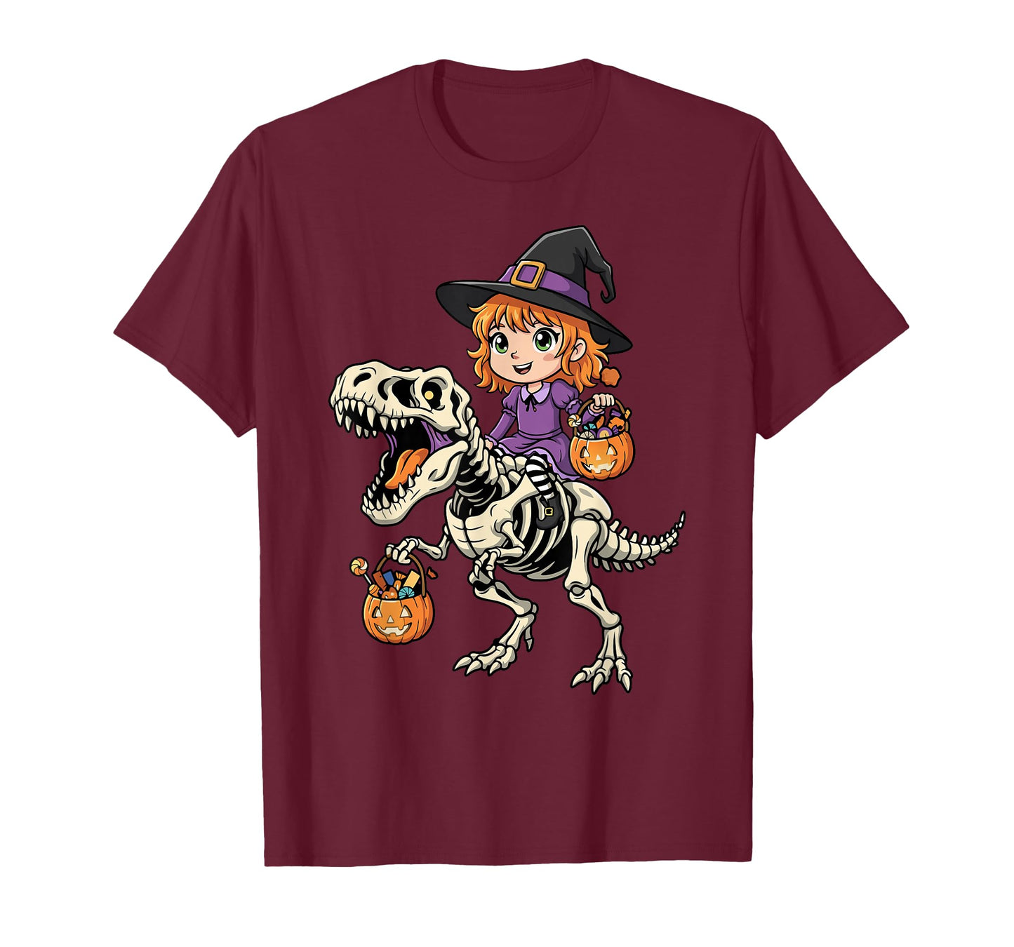 Witch Riding Skeleton T-Rex Funny Halloween Dinosaur T-Shirt