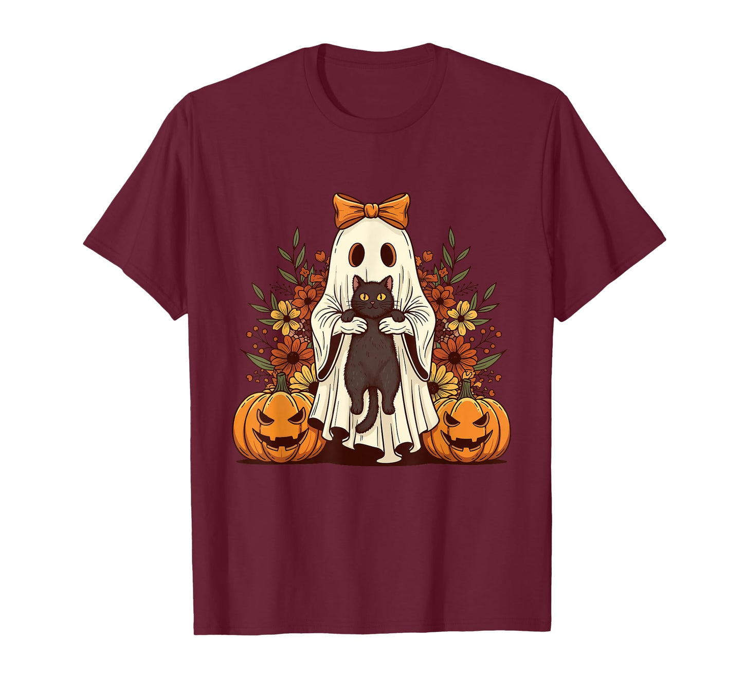Ghost & Black Cat - Spooky Halloween Cat Lover Fall Autumn T-Shirt