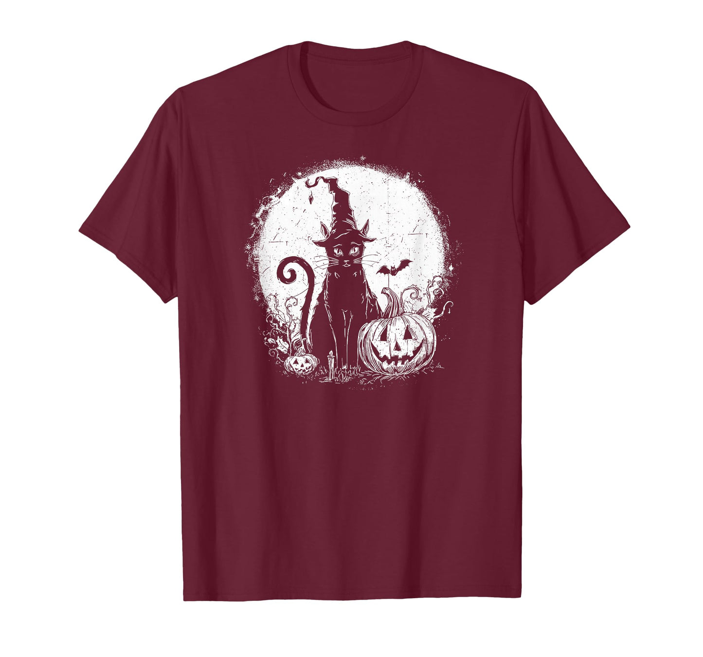 Spooky Witch Cat, Black Hat, Carved Pumpkin and Full Moon T-Shirt