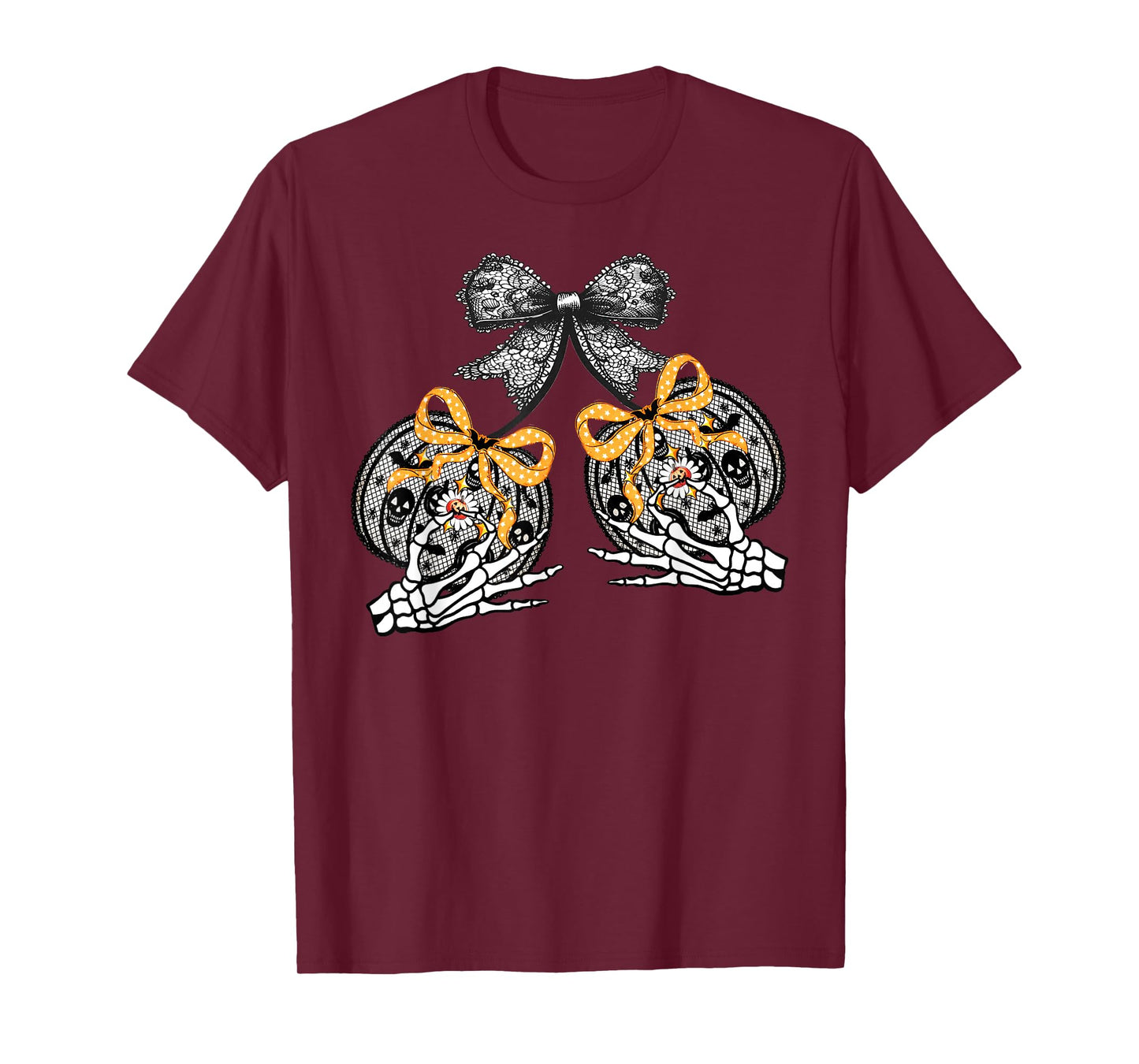 Funny Pumpkin Cherries Skeleton Lace Coquette Bow Halloween T-Shirt