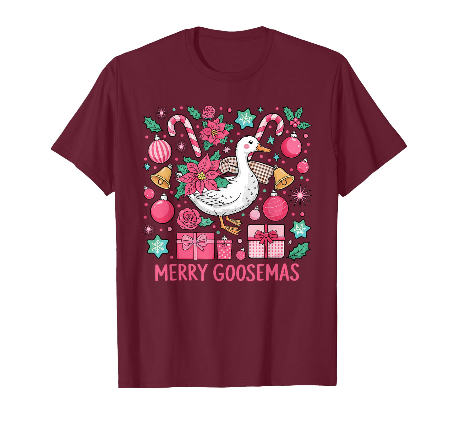 Merry Goosemas Pink Goose Santa Hat Lights Stars Christmas T-Shirt