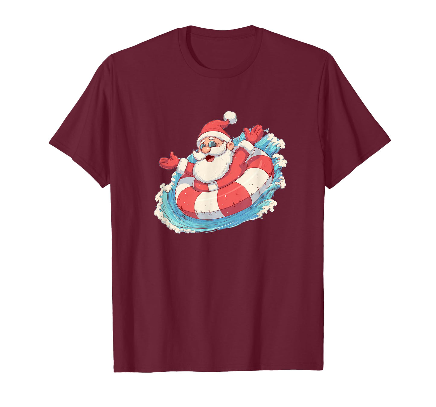 Great Festive Xmas Graphic with Excited Santa in Pool Ring T-Shirt