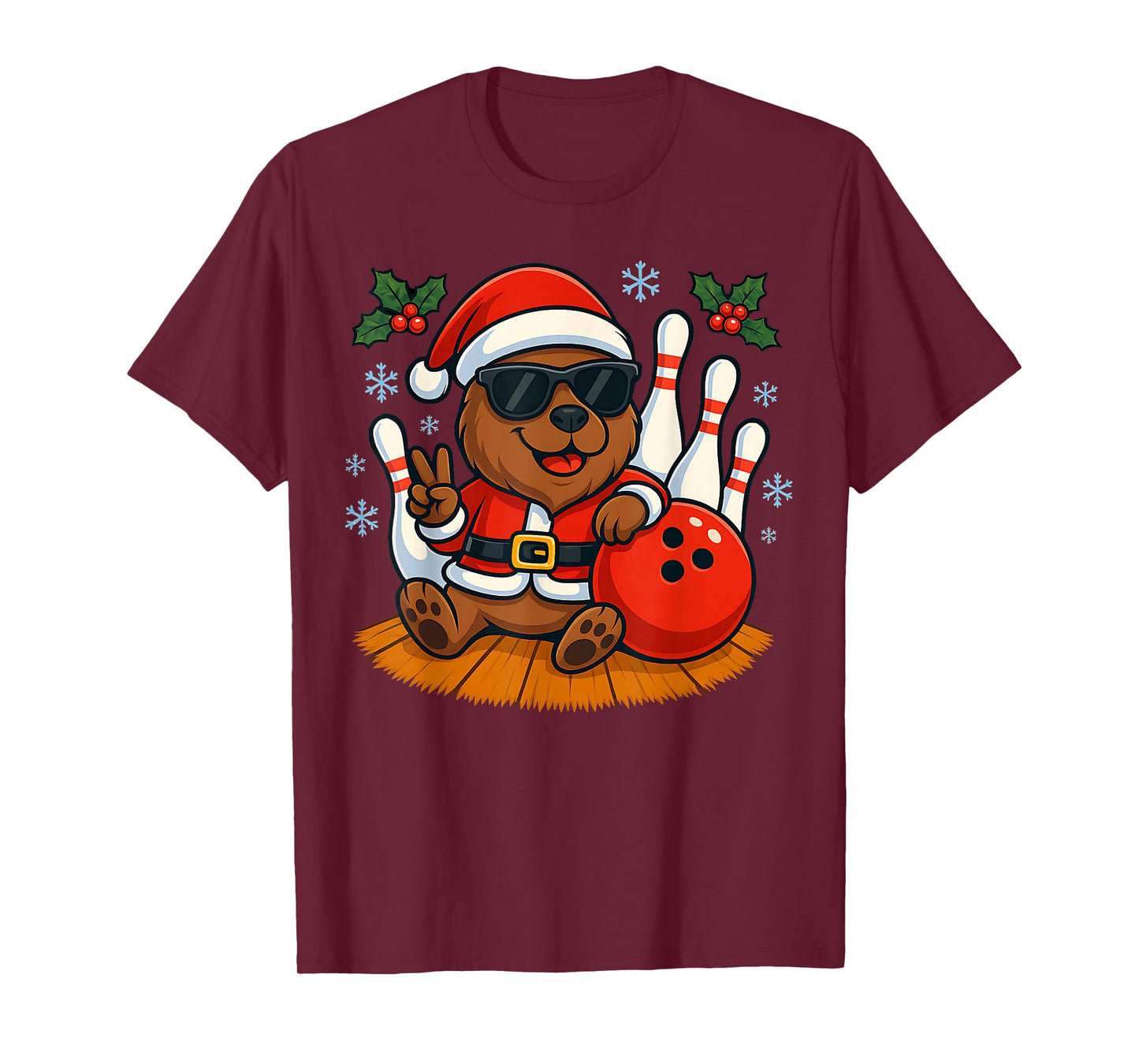 Cute Santa Capybara Bowling Christmas Funny Holiday Vibes T-Shirt