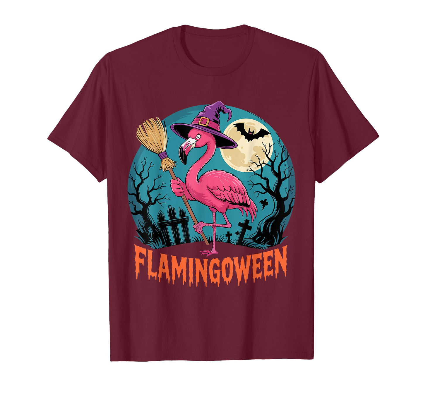 Pink Flamingo Witch Under Spooky Halloween Moon T-Shirt