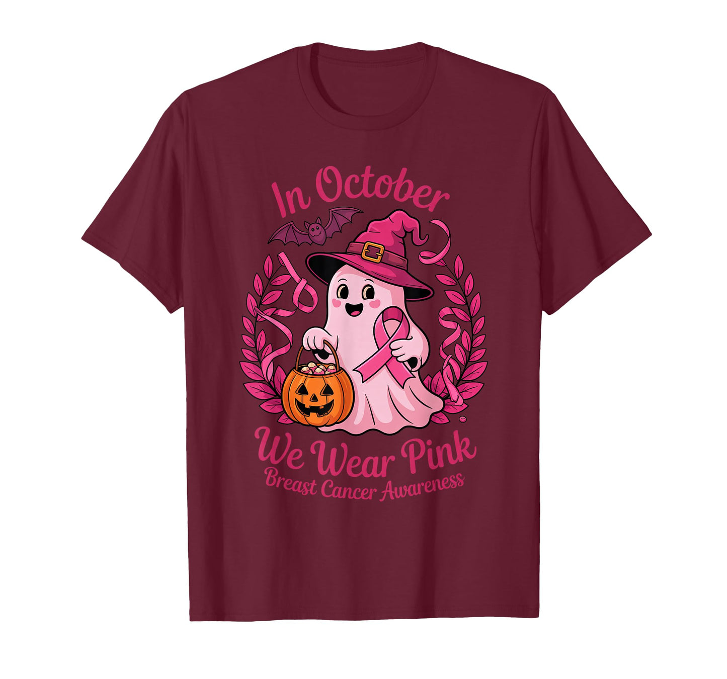 in October We Wear Pink Breast Cancer Ghost Witch Awareness T-Shirt