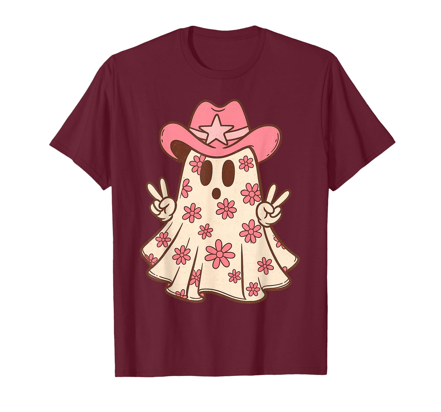 Retro Western Halloween Cowboy Cowgirl Ghost Boo Pink Floral T-Shirt