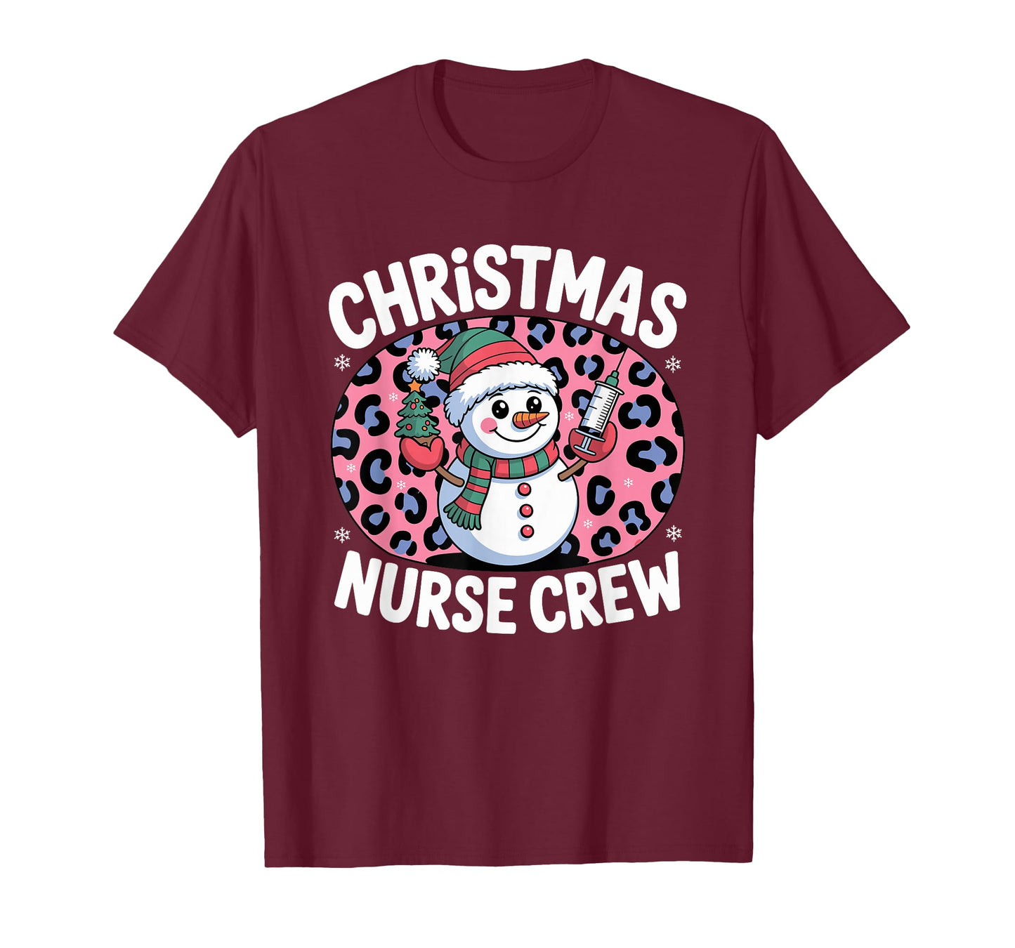 Nurse Christmas Crew Snowman Pink Leopard Print T-Shirt